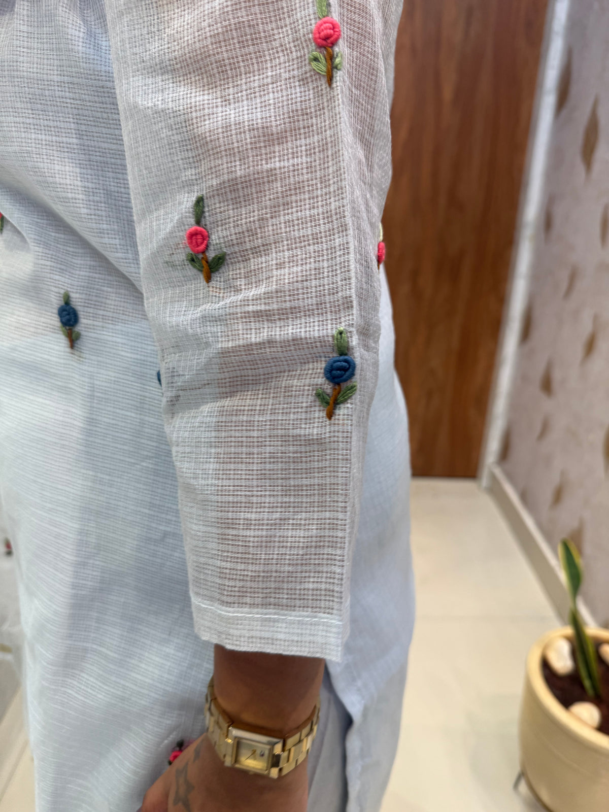 Sky Blue Pure Linen Thread Embroidery Kurti With Pant and Dupatta -HSC1221