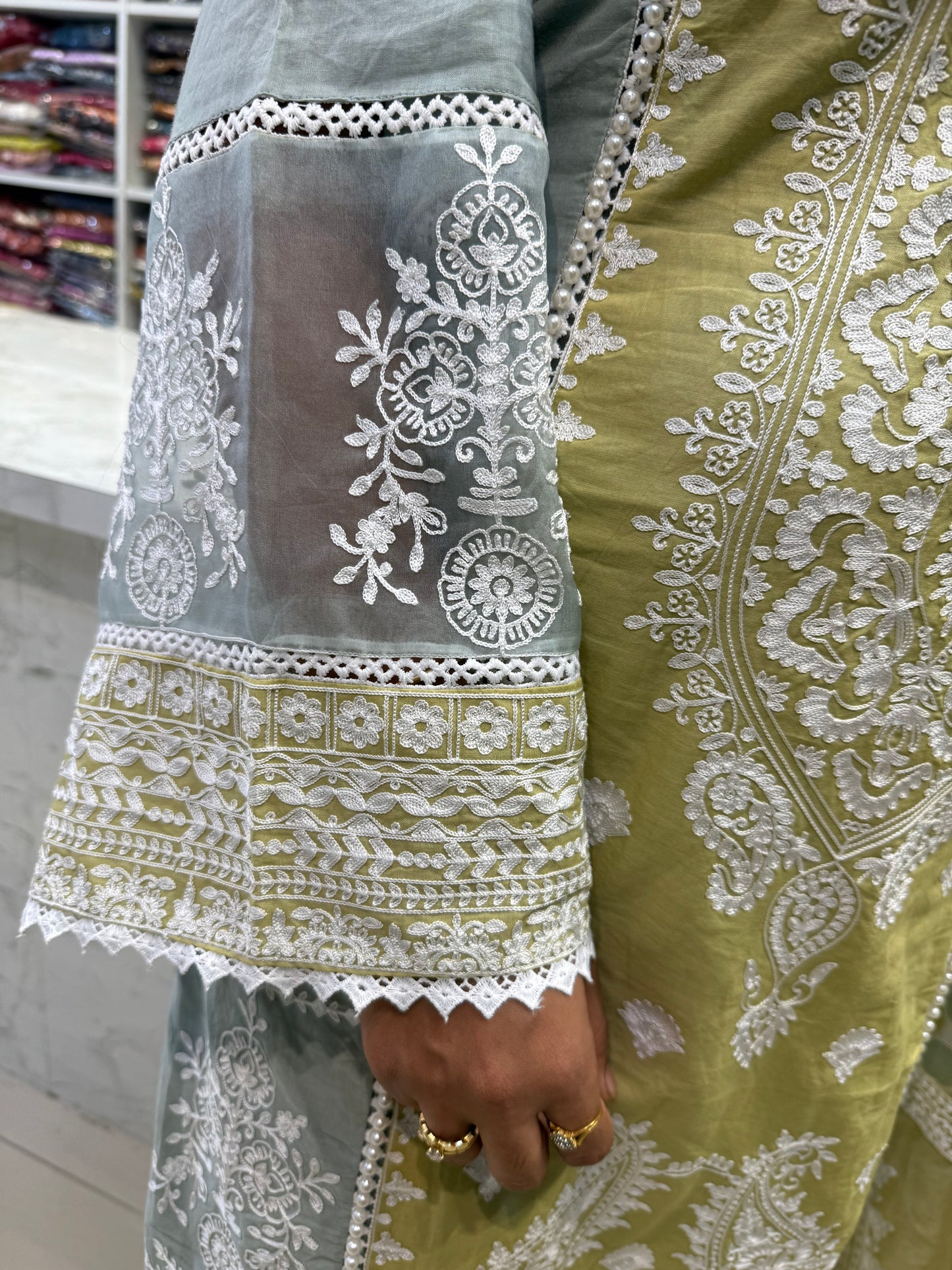 Pista Green work Embroidery Kurti With pant and Dupatta