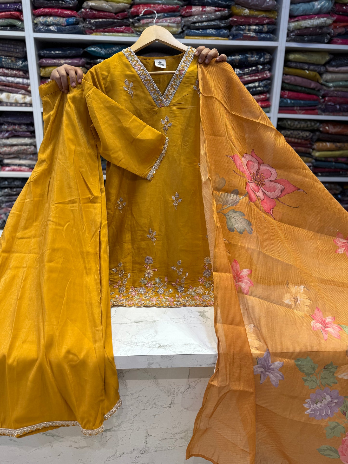 Mustard Party wear Kurti with pant and Dupatta