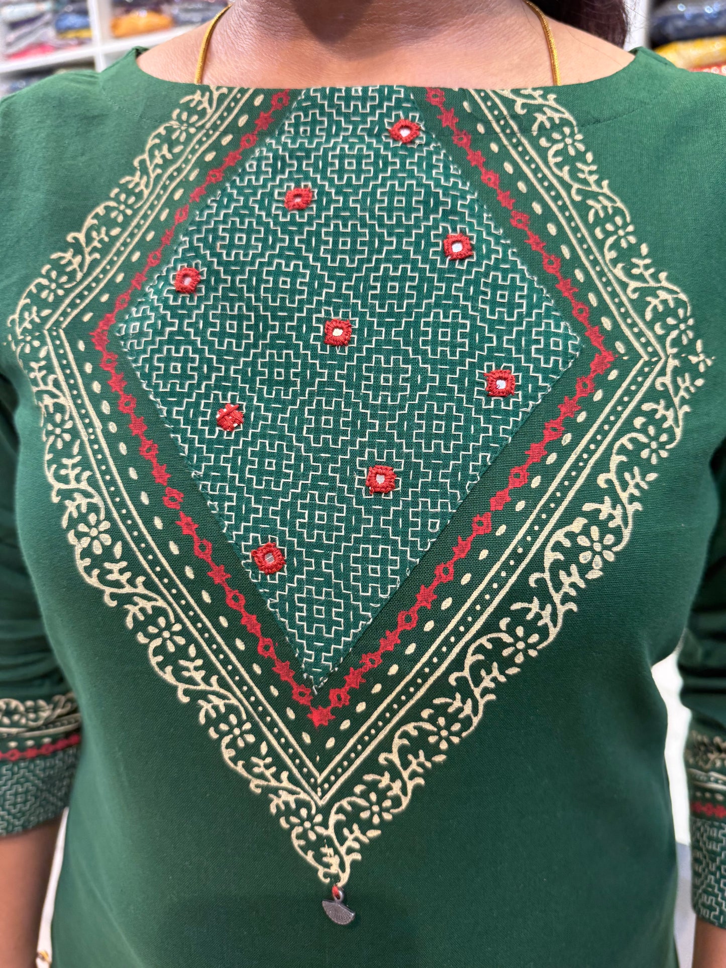 Green Block Printed Cotton Kurti