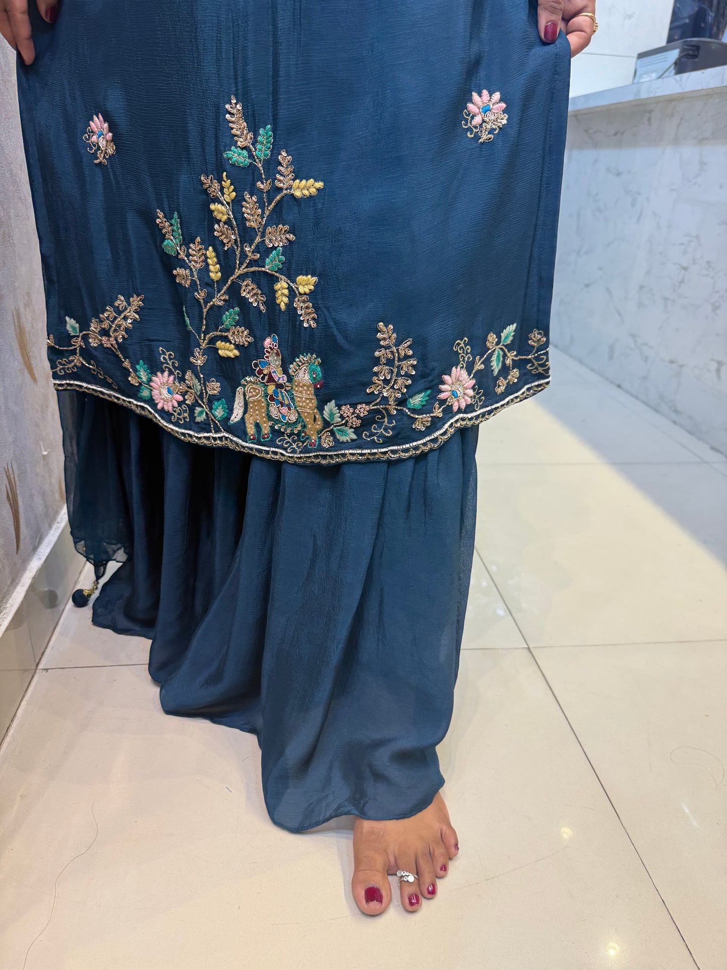 Blue Hand Embroidery Pure Chinnon Sharara Set