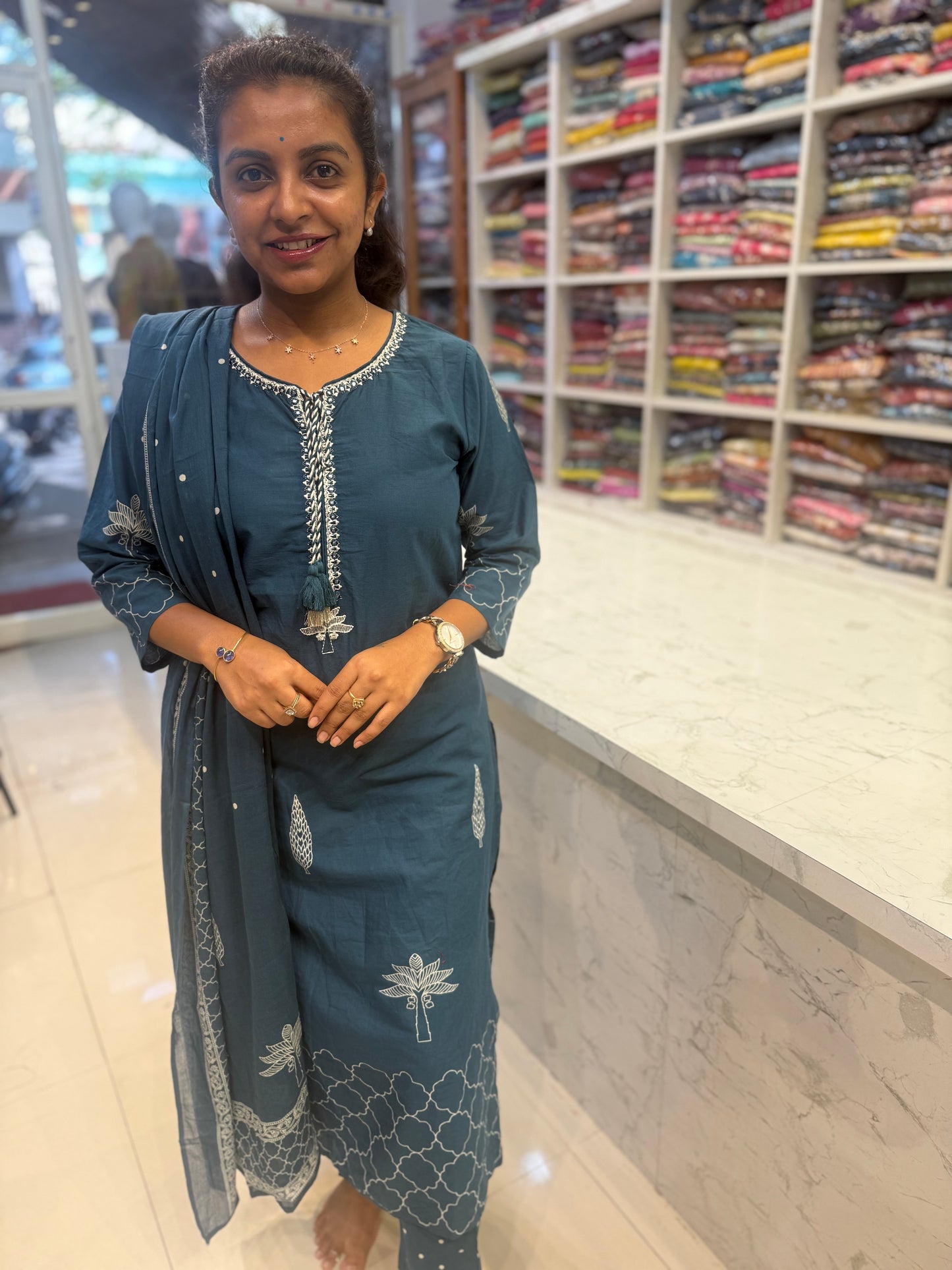 Polka Dot Printed Pure Cotton Kurti With Pant and Dupatta