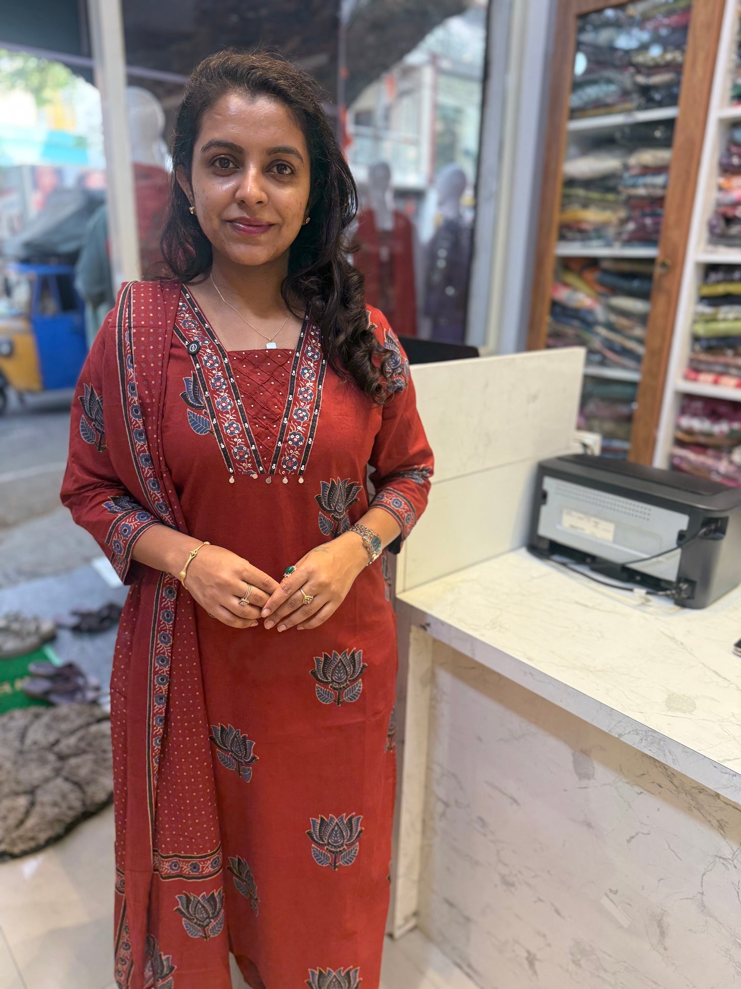 Lotus Printed Pure Cotton Kurti With Pant and Dupatta-HSC53