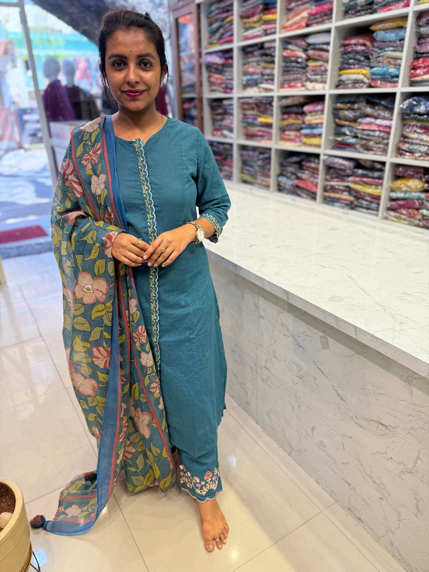 Pure Cotton Scallop cut work pant Boutique design Printed Dupatta-HSC5