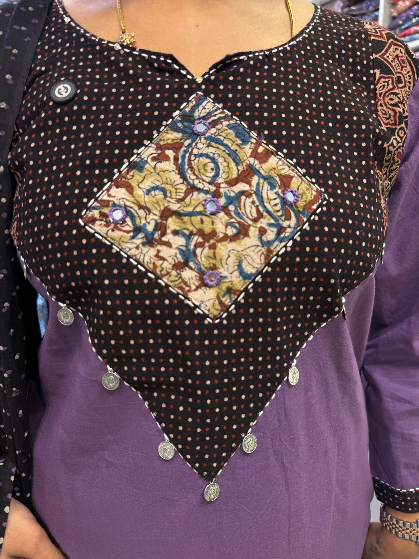 Deep Lavender with Black Cotton Kurti With Pant and Dupatta