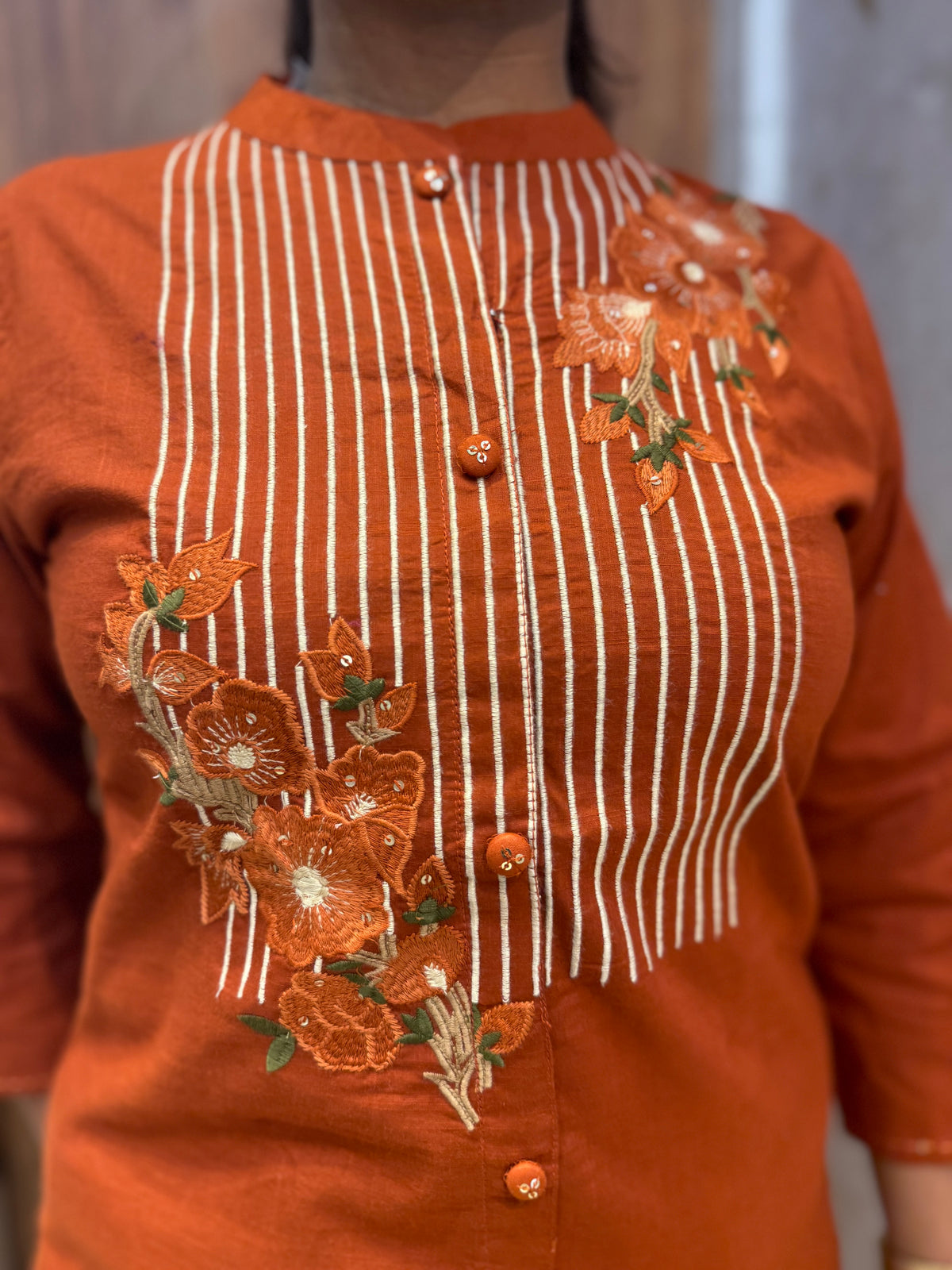 Rust Orange Pure Cotton Flex Embroidery Co-ords Set -HSC1281