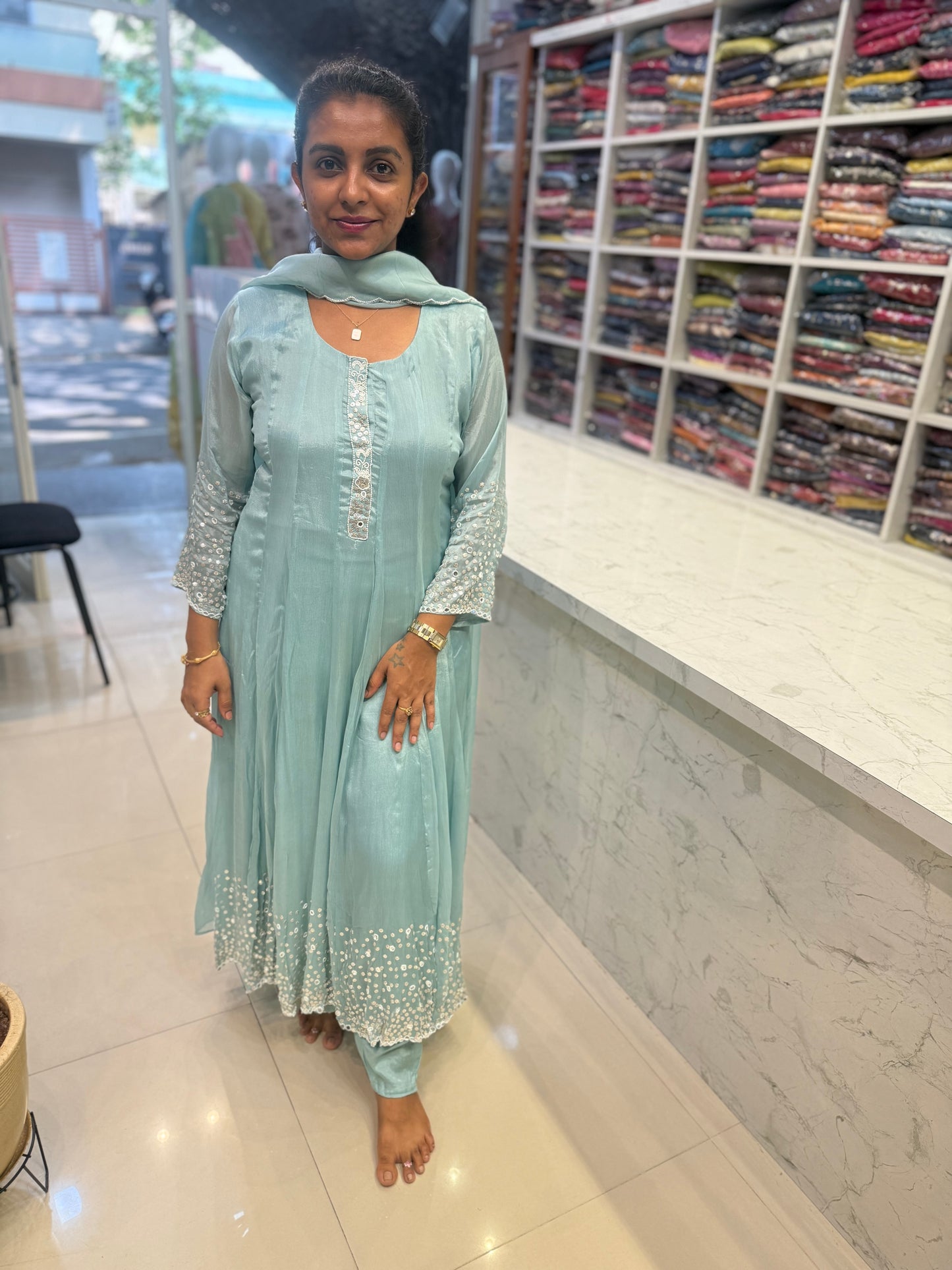 Ice Blue Pure Chinnon Anarkali with Pant and Dupatta-HSC134