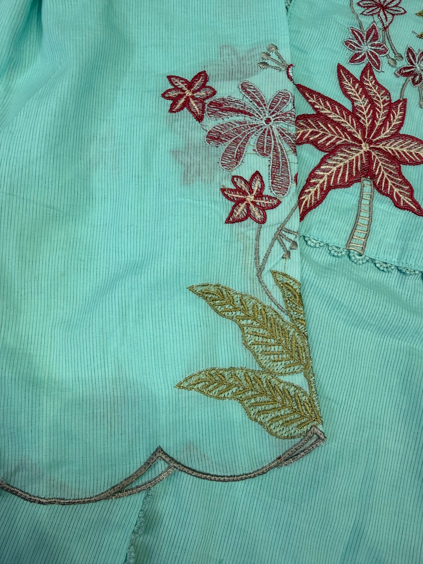 Pastel Blue Embroidery Pure Cotton Kurti With Pant and Scallop Cut Work Dupatta