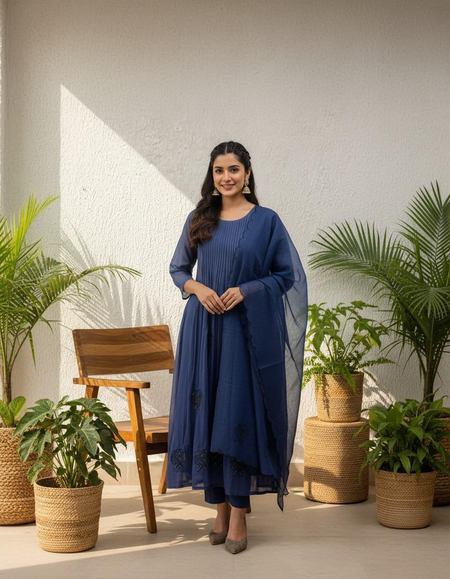 Ombre Blue Pure Mul Chanderi A-line Kurti With Pant and Dupatta