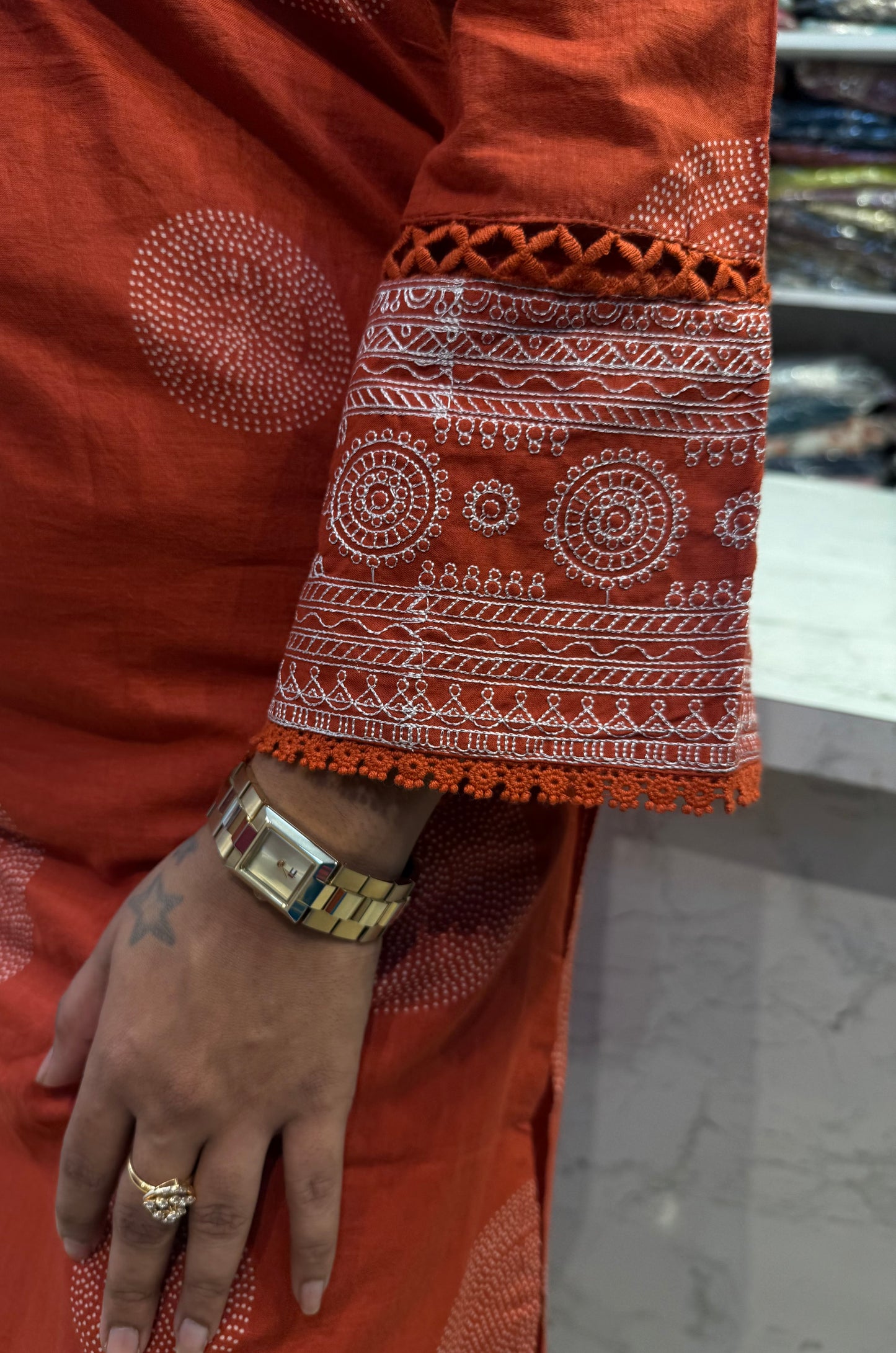Lace Detail Cotton Kurti With Pant and Dupatta