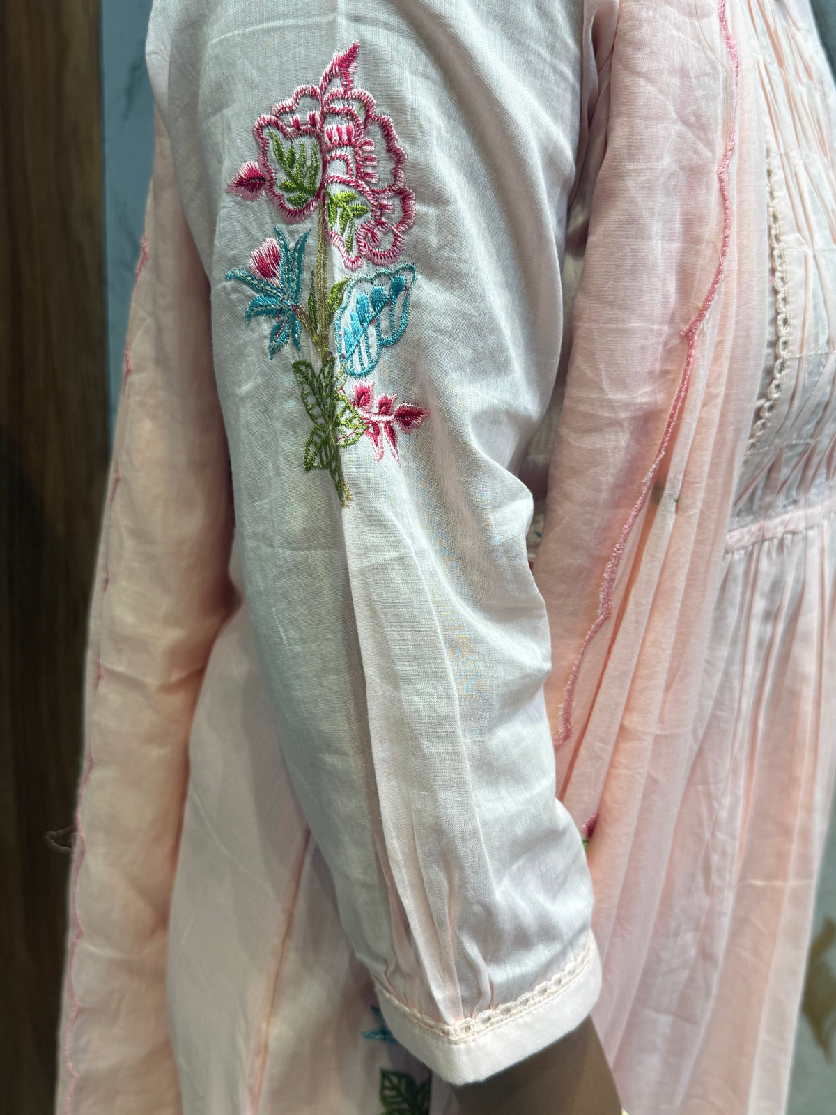 Baby pink Pure Mul Cotton Embroidered Kurti With Pant and Dupatta -HSC1219