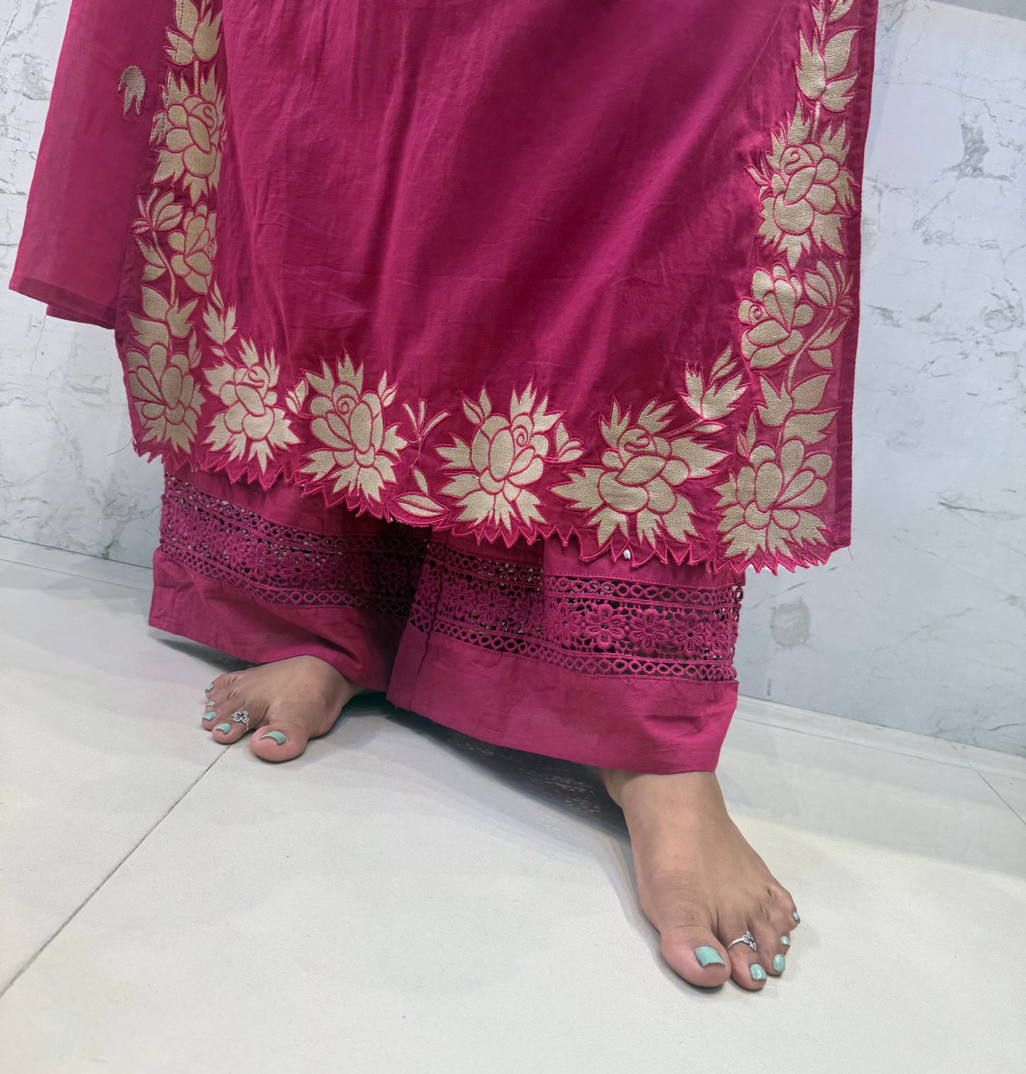 Scallop Cut Work Embroidery Kurti With Pant and Dupatta