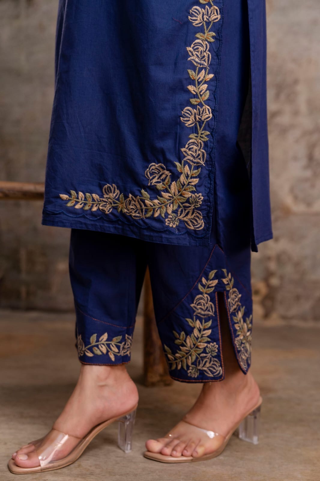 Blue Embroidery Pure Cotton Kurti With Pant and Dupatta - HSC1145