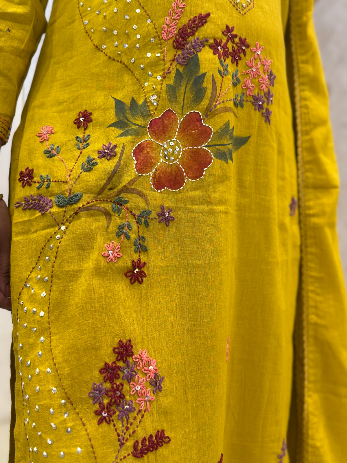 Mustard Hand Thread Embroidery Kurti With Pant and Dupatta - HSC1181