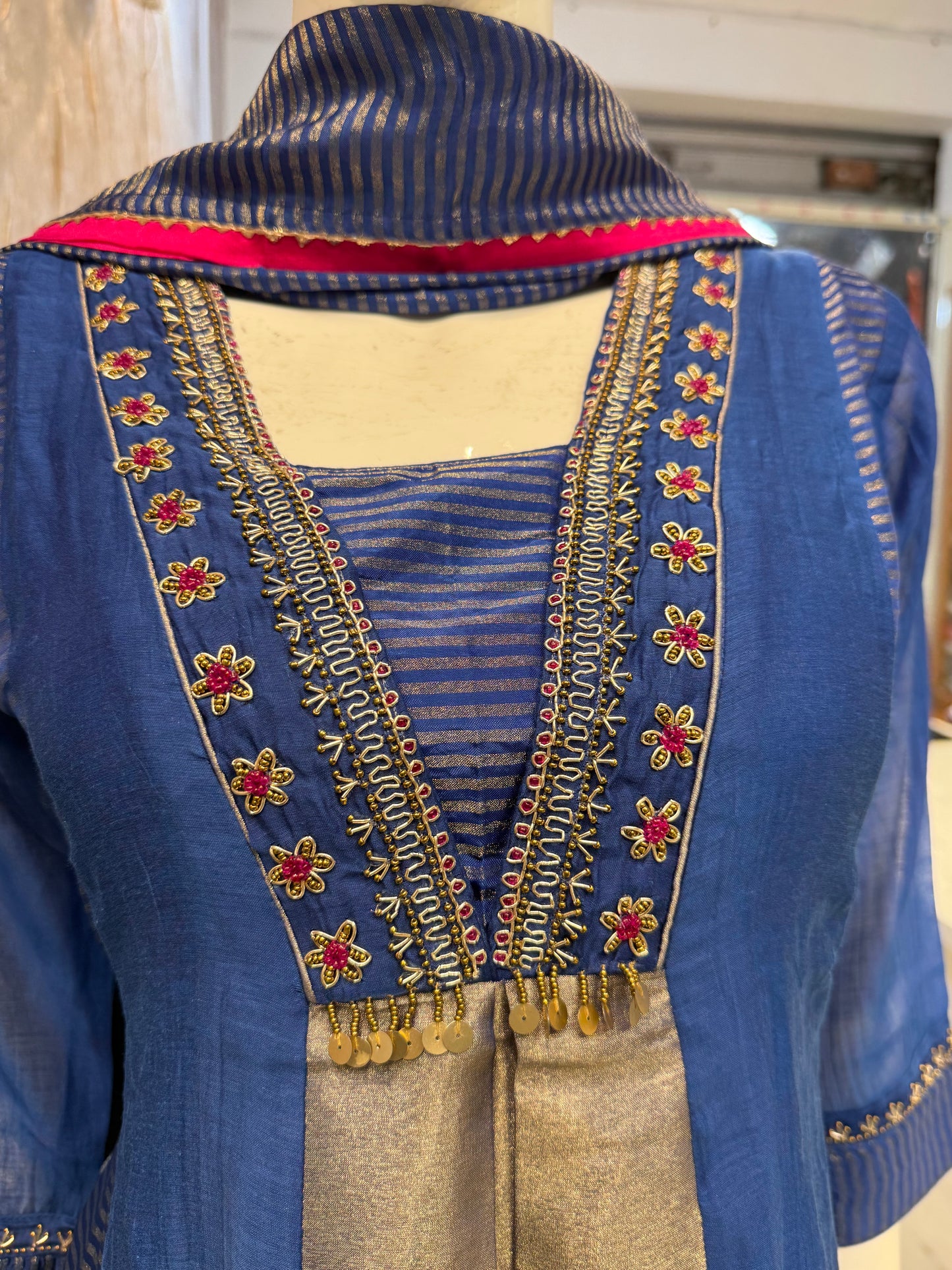Blue Pure Banarasi Mul Chanderi A-line Kurti With Pant and Dupatta