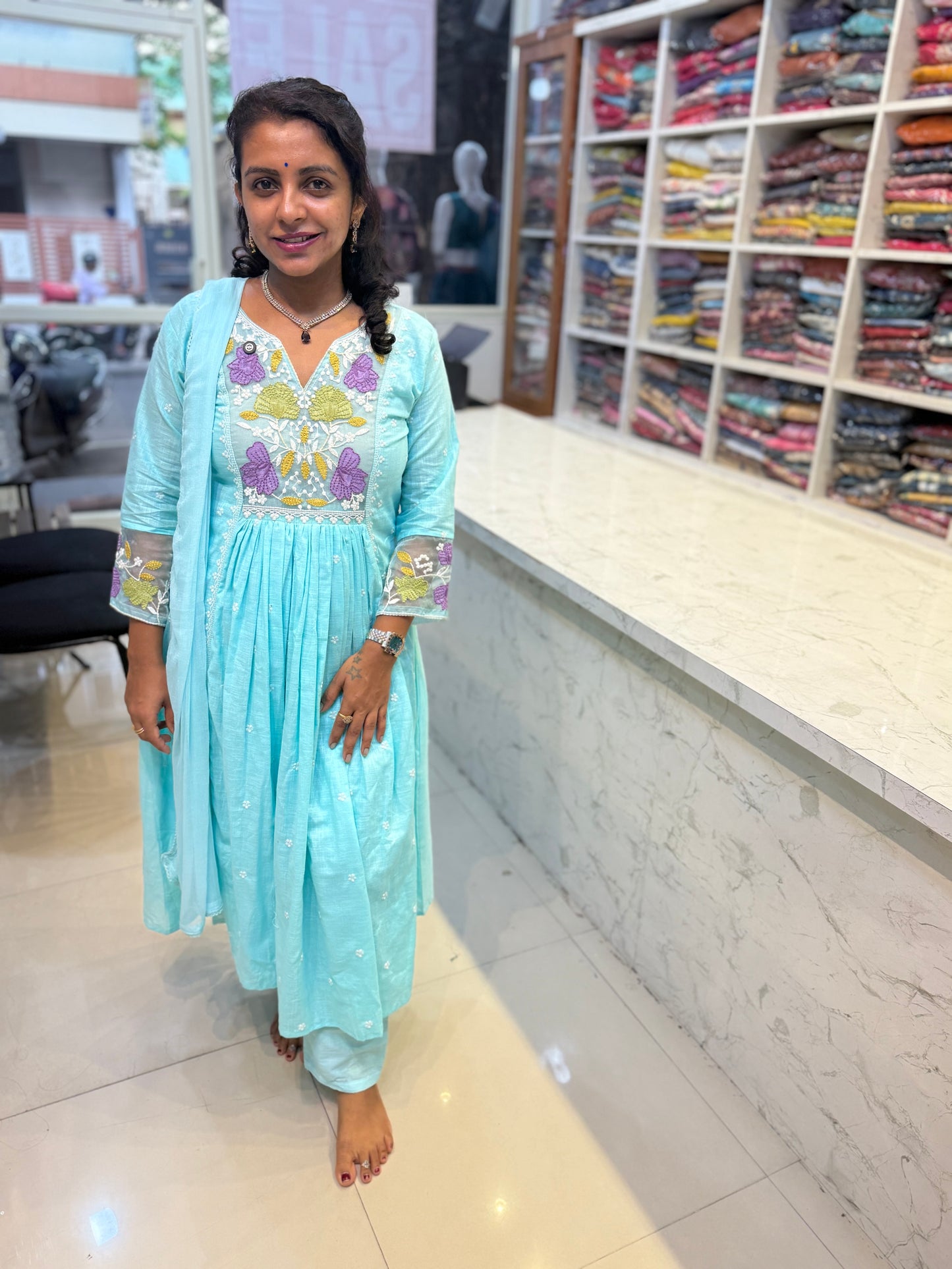 Sky Blue Cotton Kurti with Pant and Dupatta