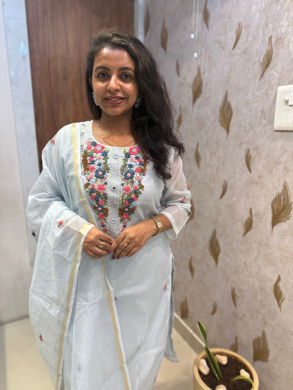 Sky Blue Pure Linen Thread Embroidery Kurti With Pant and Dupatta -HSC1221