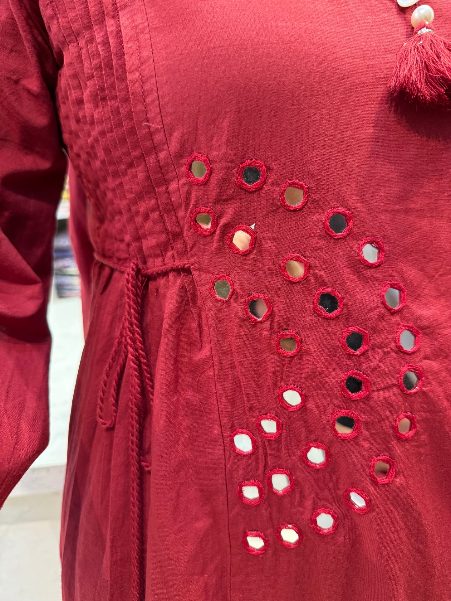 Mirror Work Red Pure Cotton Kurti With Pant and Dupatta-HSC128