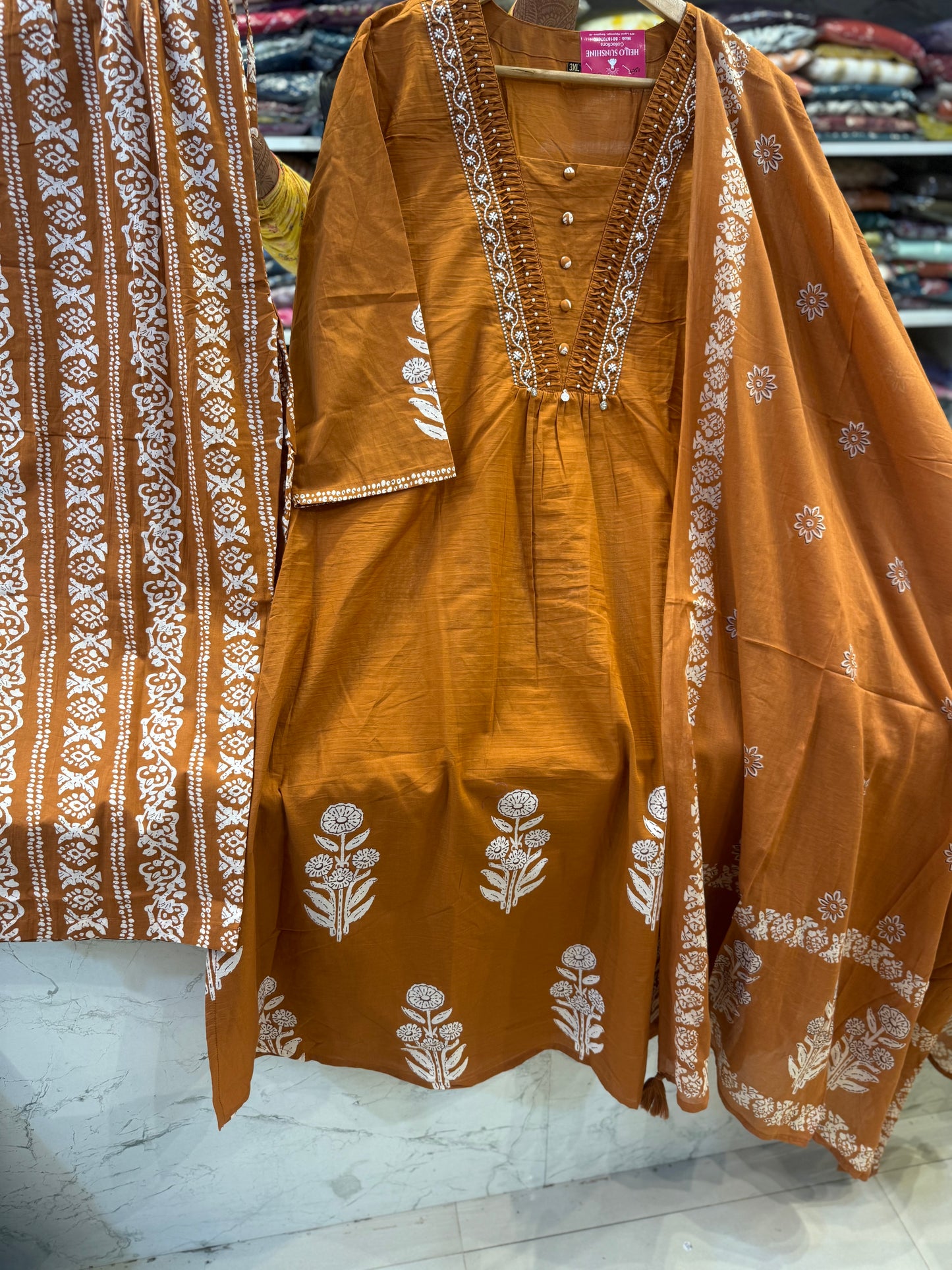 Rust Printed Pure Cotton Kurti With Pant and Dupatta