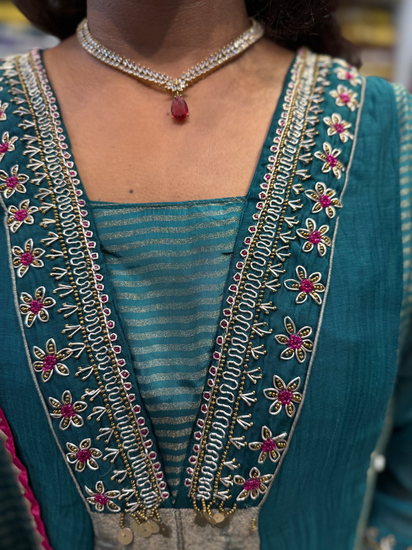 Teal Blue Pure Banarasi Mul Chanderi A-line Kurti With Pant and Dupatta