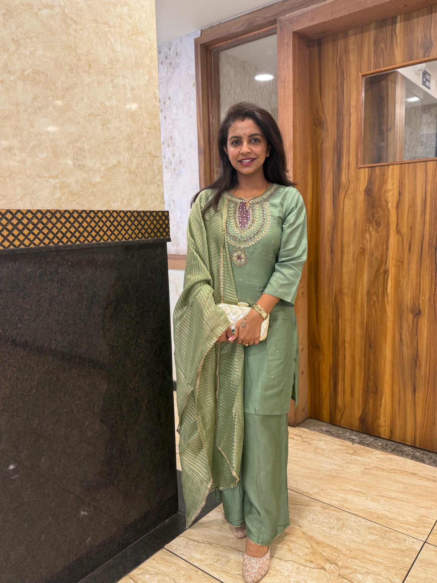 Green Pure Silk Divider Pant with Hand Embroidery Work Kurti with Dupatta-HSC108