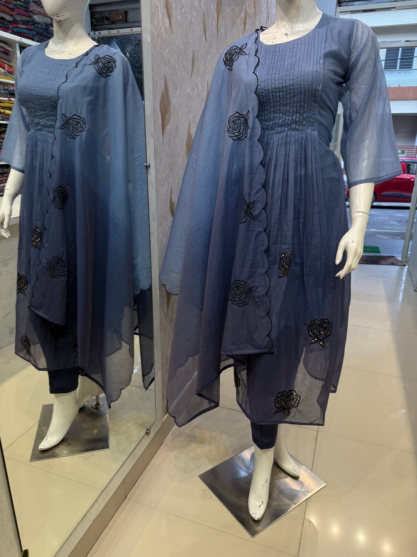 Ombre Blue Pure Mul Chanderi A-line Kurti With Pant and Dupatta