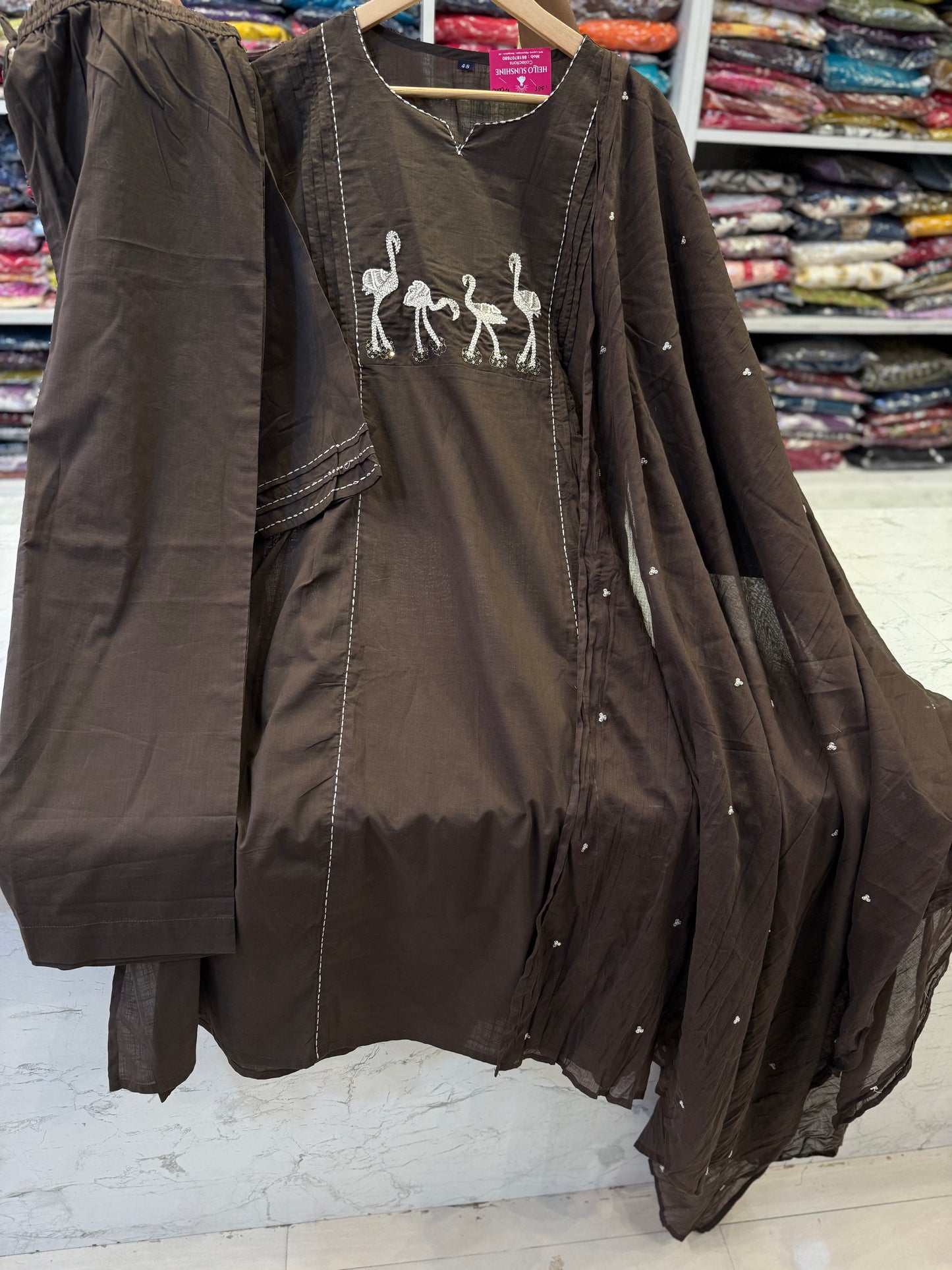 Flamingo Thread Embroidery Pure Cotton Kurti With Pant and Dupatta