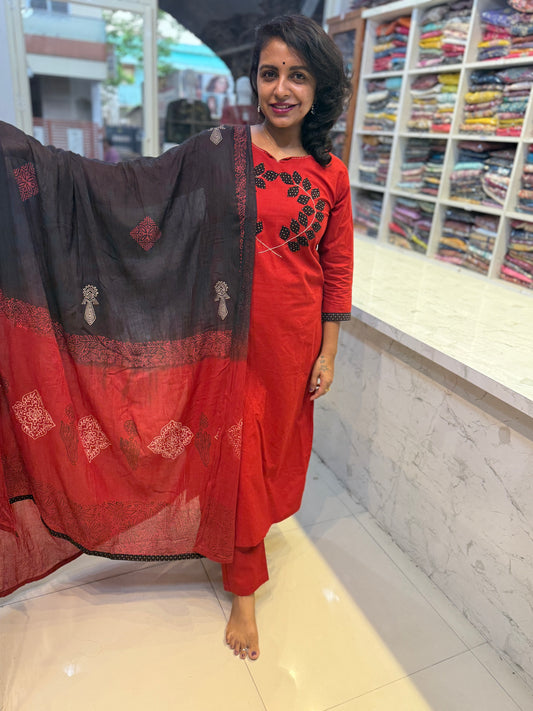 Red Applique Cotton Salwar suit