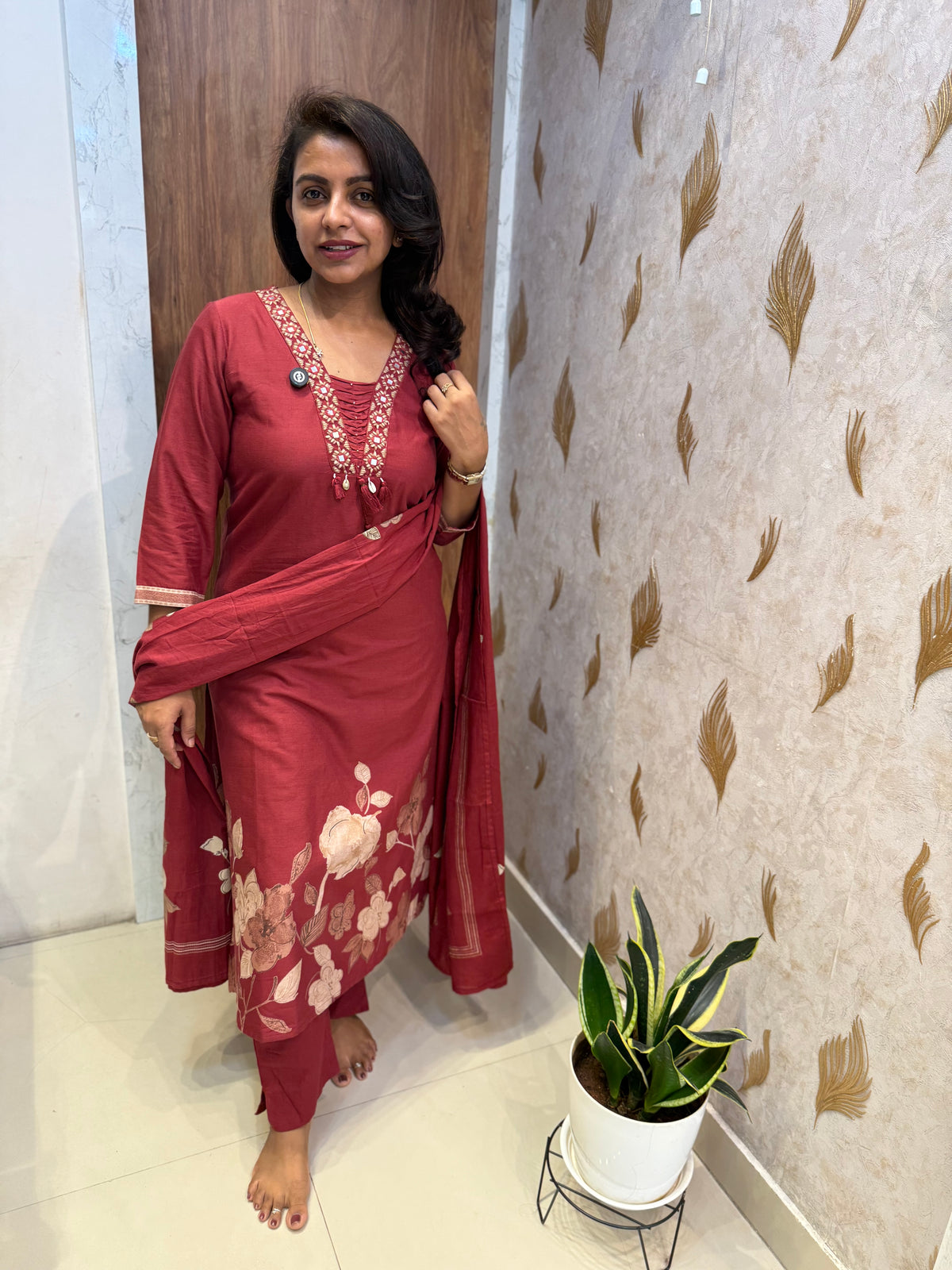 Marron Pure Cotton Flex Kurti With Pant and Dupatta -HSC1300