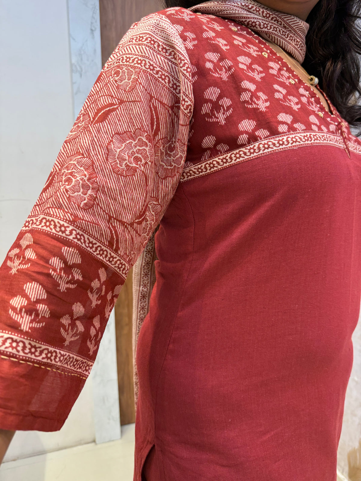 Marron Pure Cotton Kurti With Pant and Dupatta -HSC1316