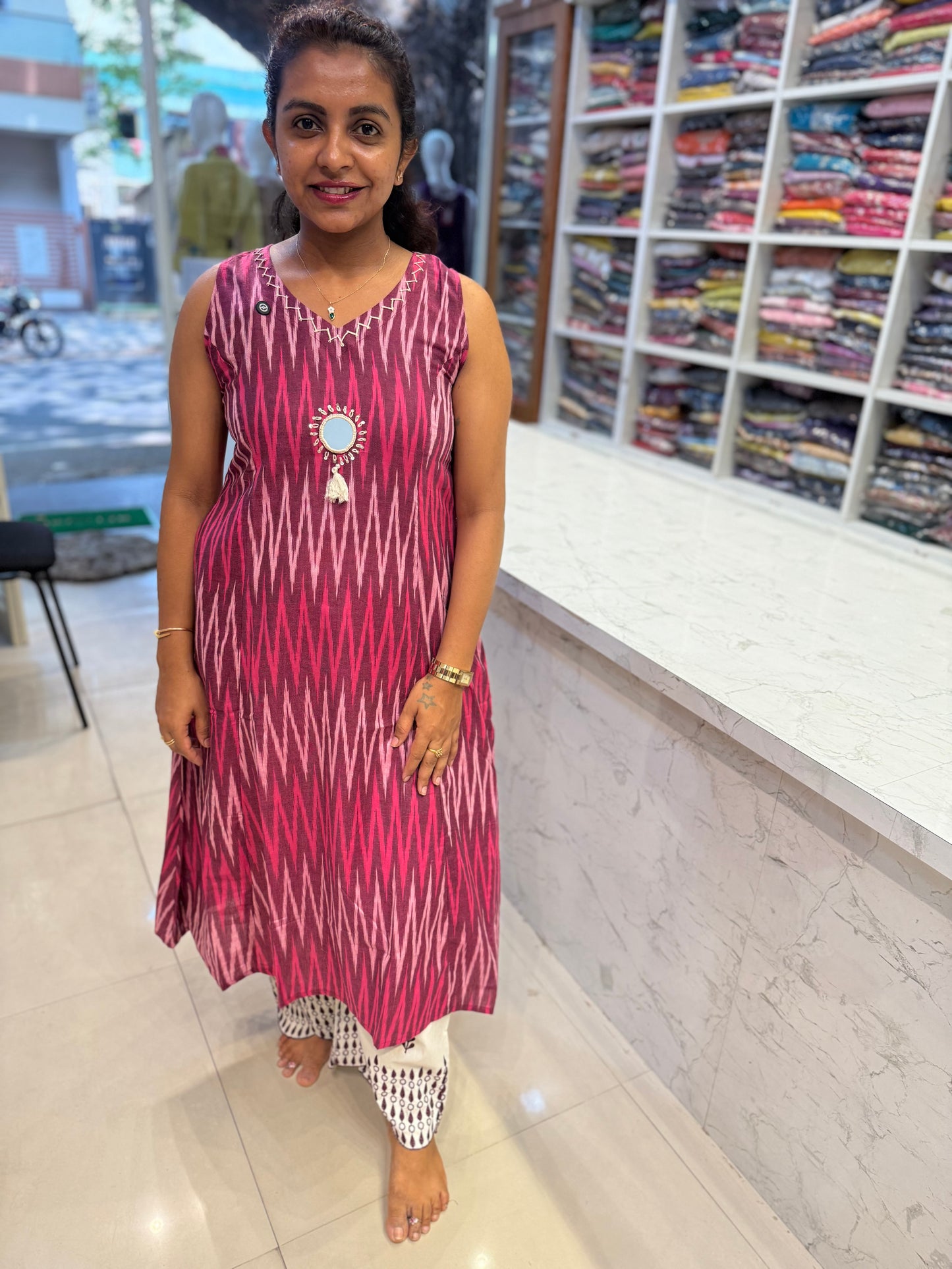 Ikat Sleeveless Pure Cotton Kurti With Palazzo Pant-HSC96