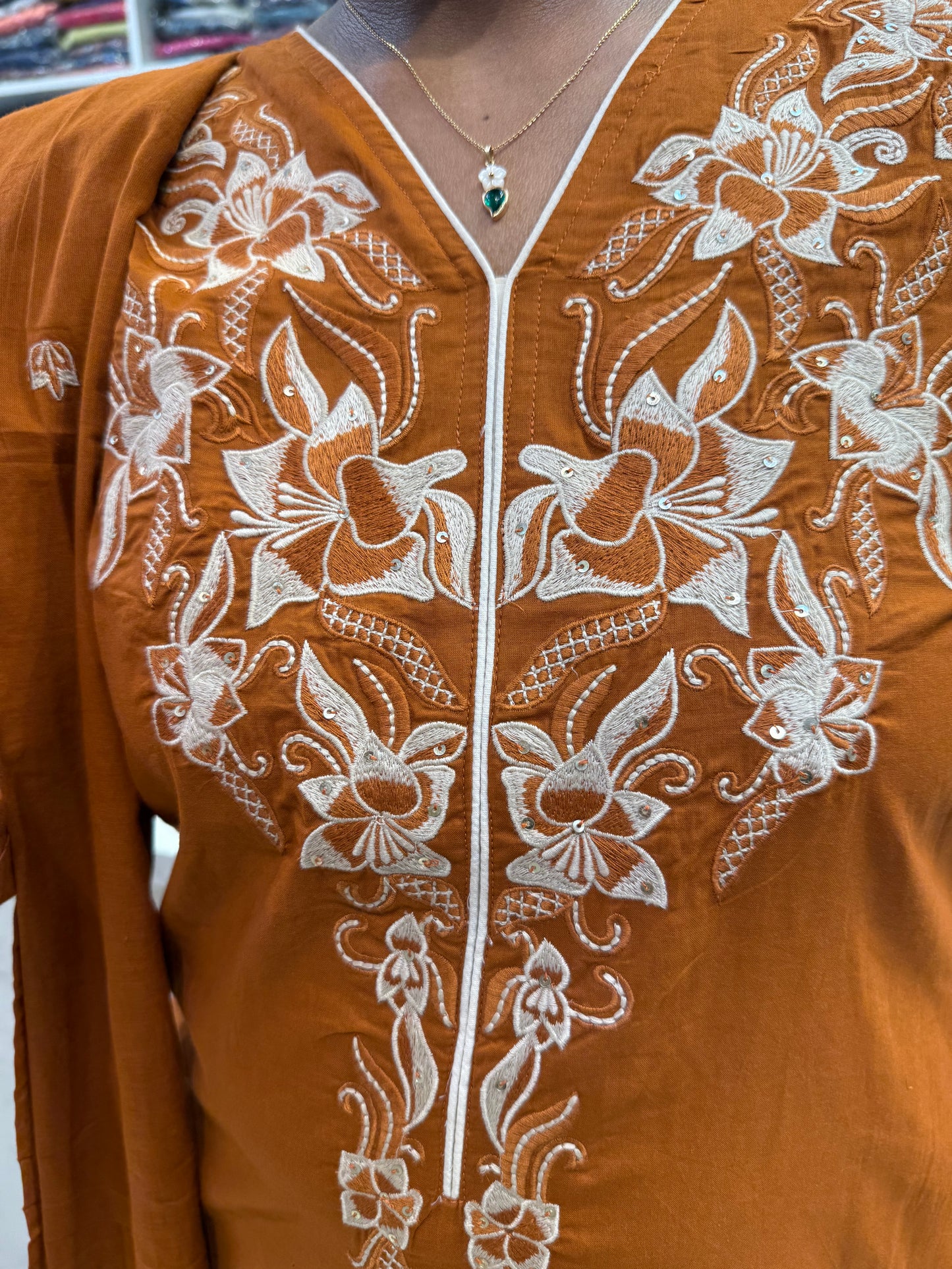 Rust Orange Pure Cotton Embroidery Kurti With Pant and Dupatta-HSC101
