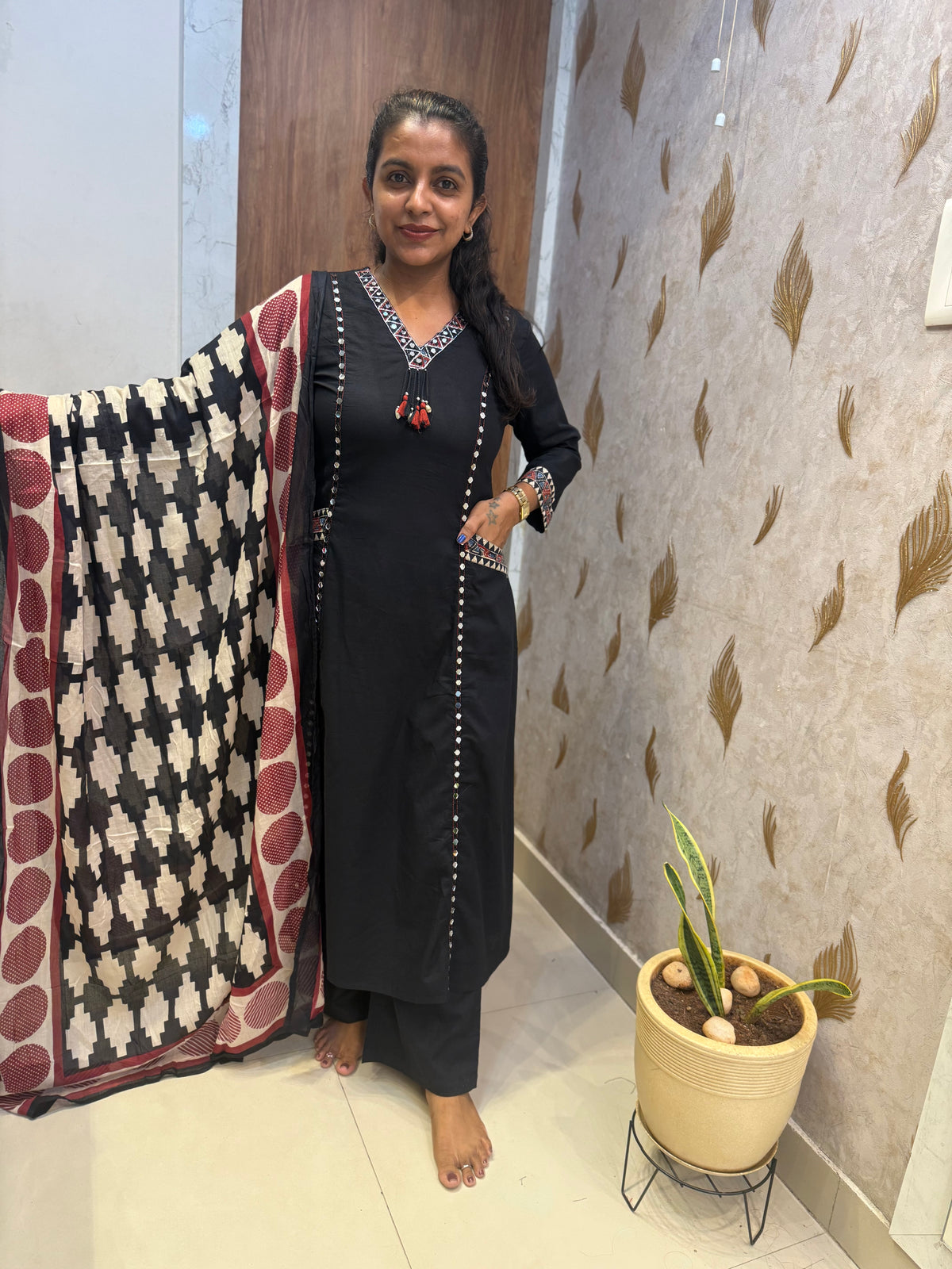 Two Sides Pockets Pure Cotton Kurti With Pant and Printed Dupatta -HSC1233