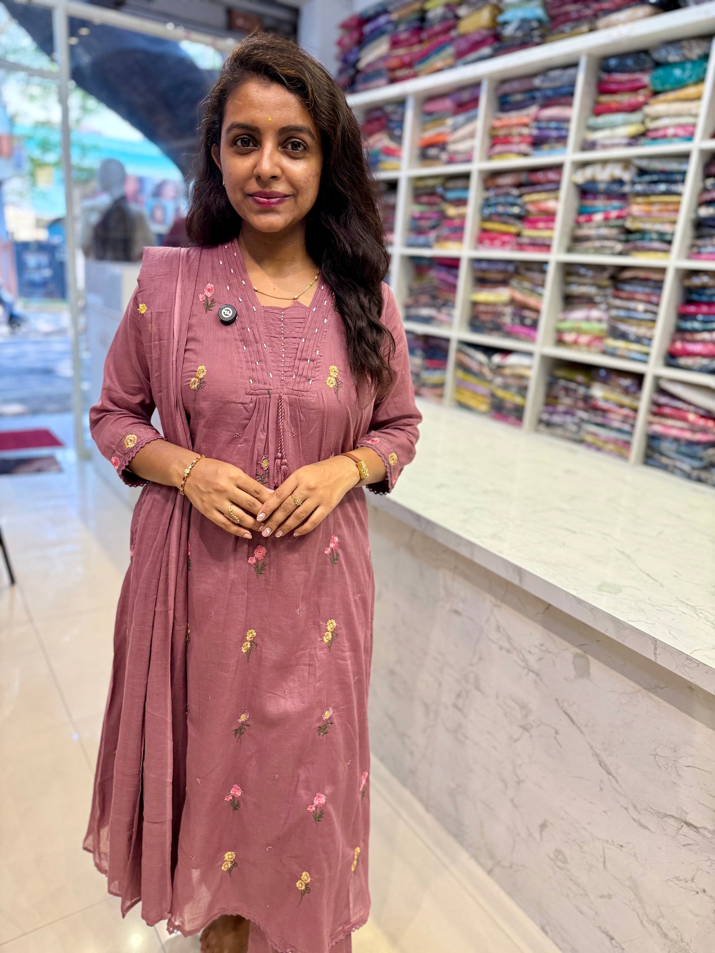 Mauve Pure Mul Cotton Embroidered Kurti With Pant and Dupatta-HSC131