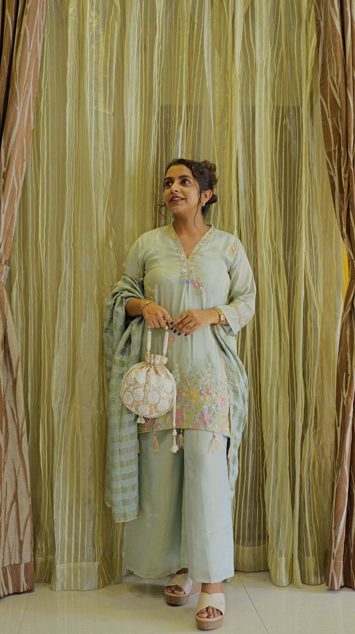 Sky Blue Tissue Silk Kurti With Pant and Dupatta -HSC1244