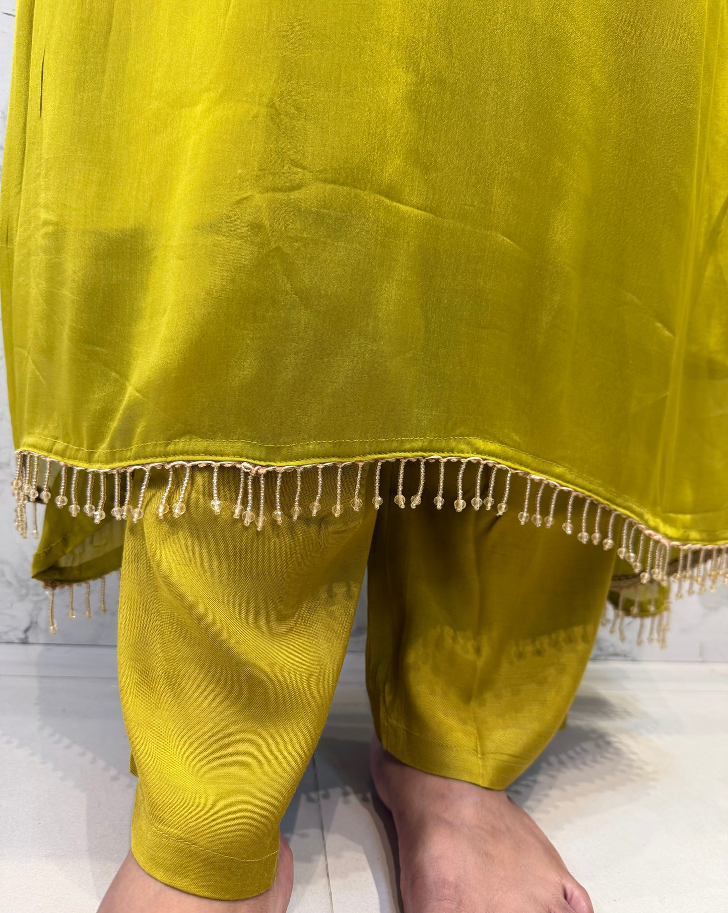 Green Pure Chinnon Handwork Kurti With Pant and Dupatta-HSC37
