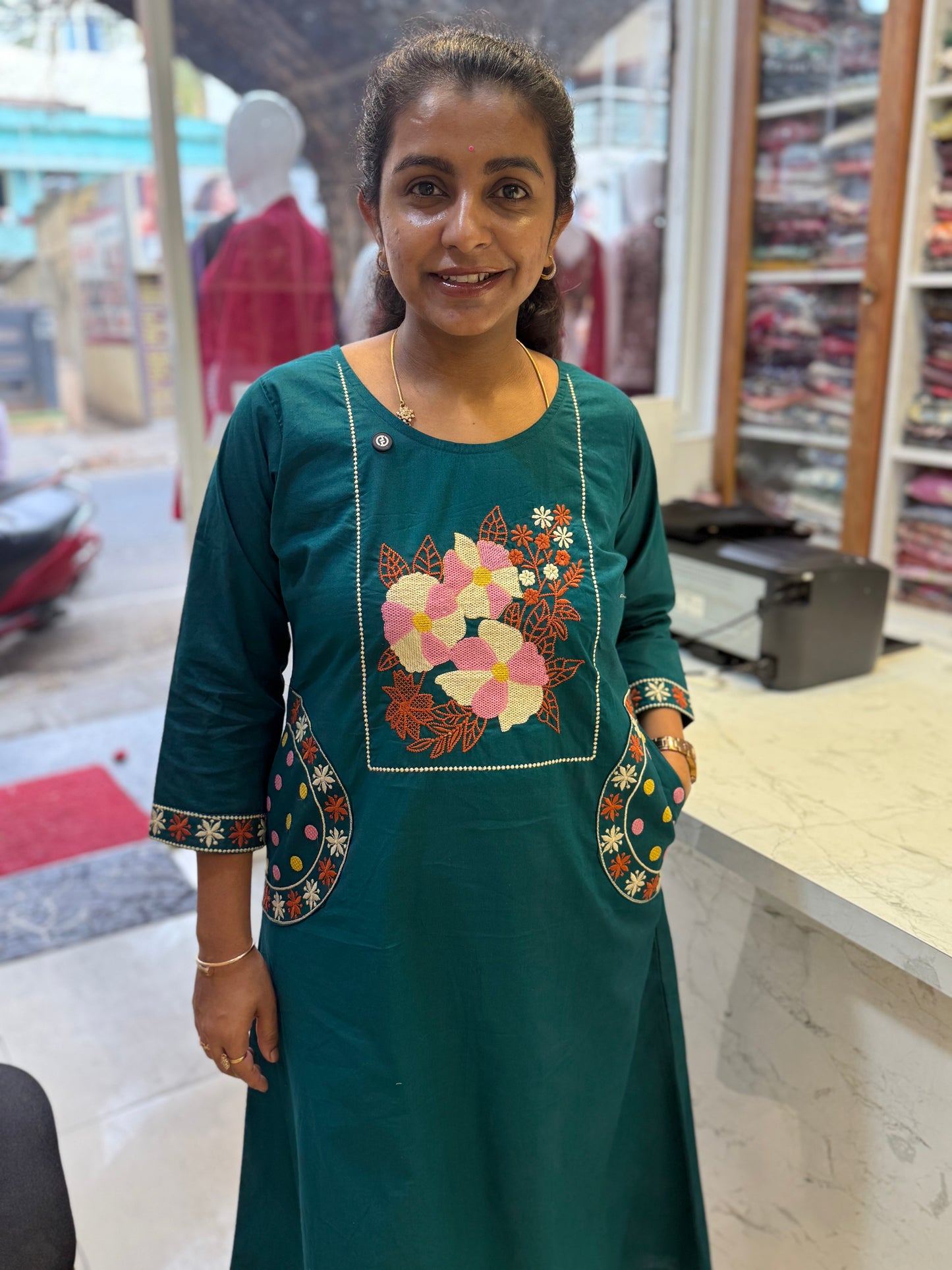 Teal Blue Two sides Pockets Embroidery Kurti With Pant