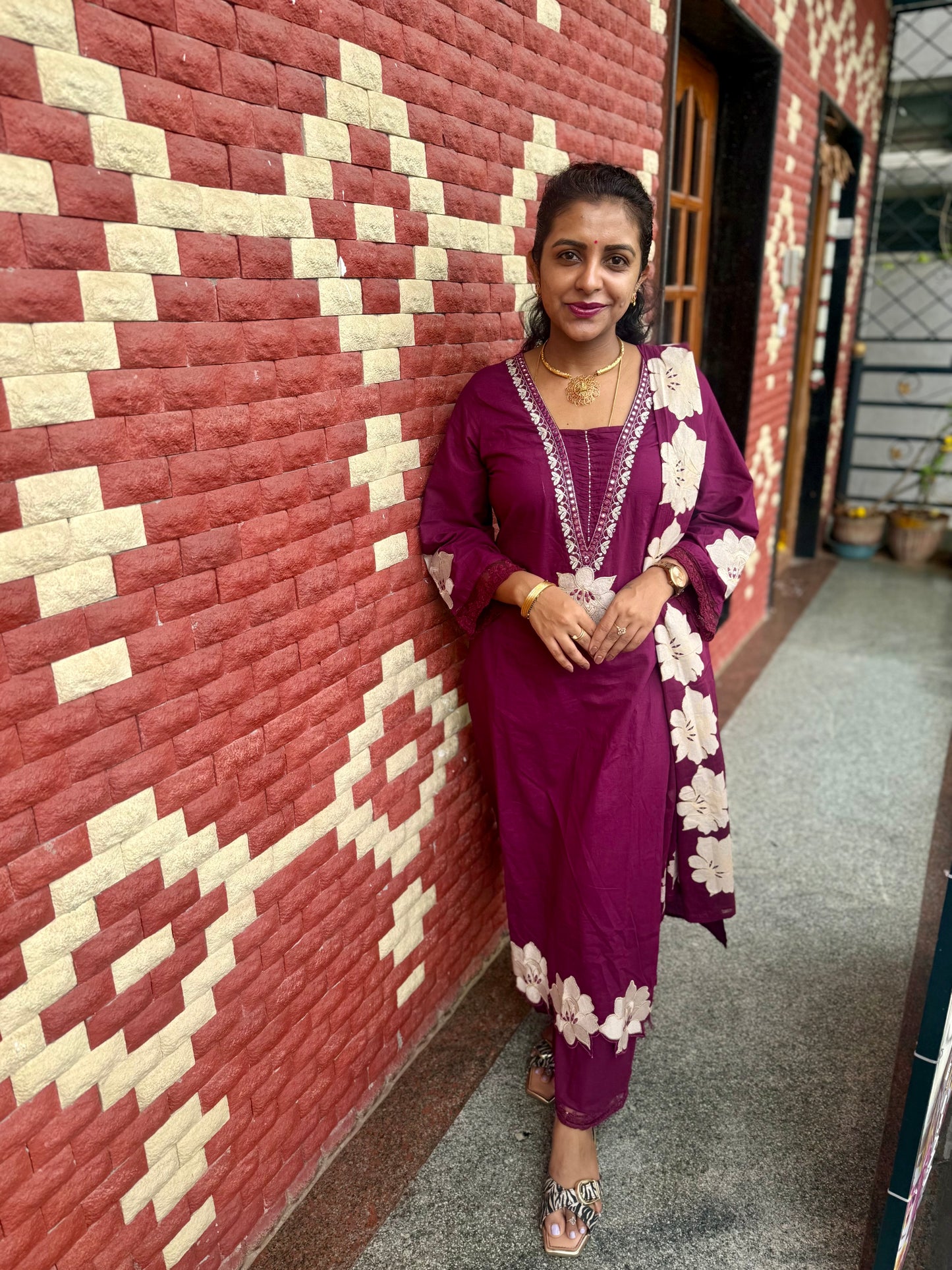 Scallop Cut Work Cotton Kurti With Pant and Dupatta