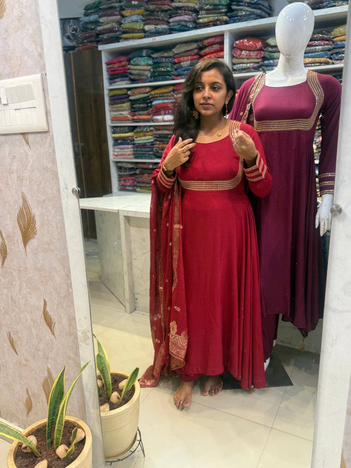 Free Earrings Red Anarkali Soft Rayon With Pant and Dupatta - HSC1201