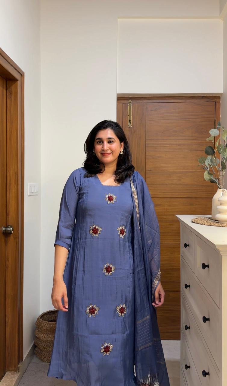 Blue Pure Mul Chanderi Hand Embroidery A-line Kurti With Pant and Dupatta -HSC1214