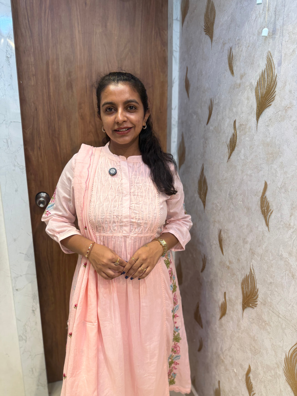 Baby pink Pure Mul Cotton Embroidered Kurti With Pant and Dupatta -HSC1219