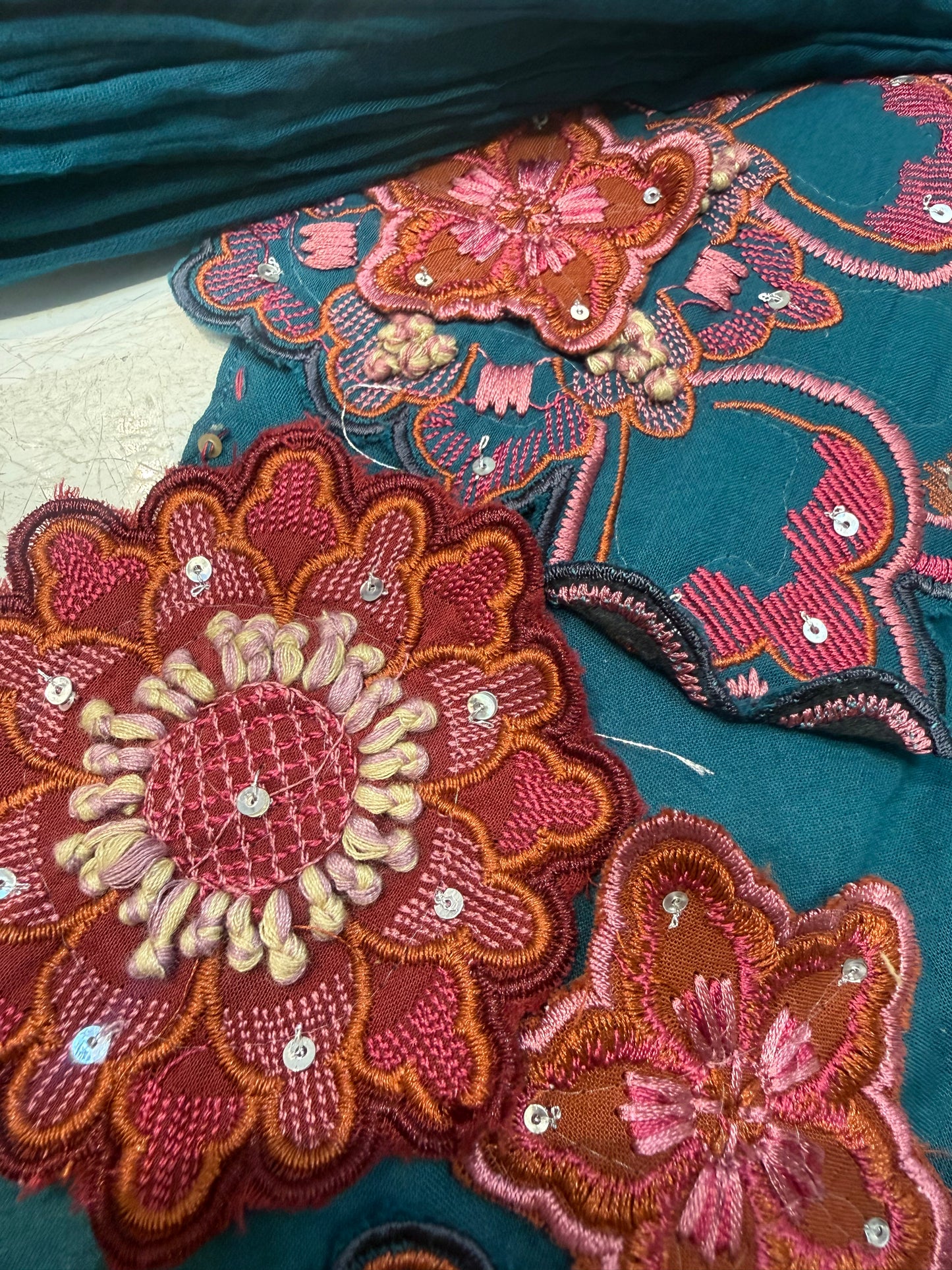 Teal Blue Appliqué Pure Cotton Kurti With Pant and Dupatta-HSC121