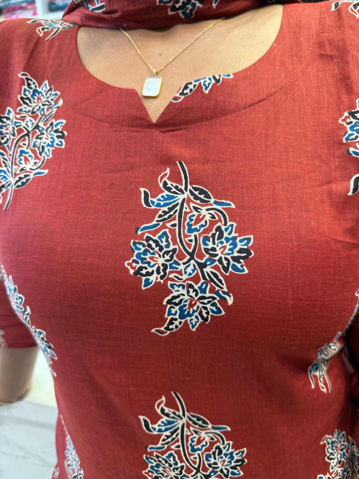 Marron Printed Kurti With Pant and Dupatta