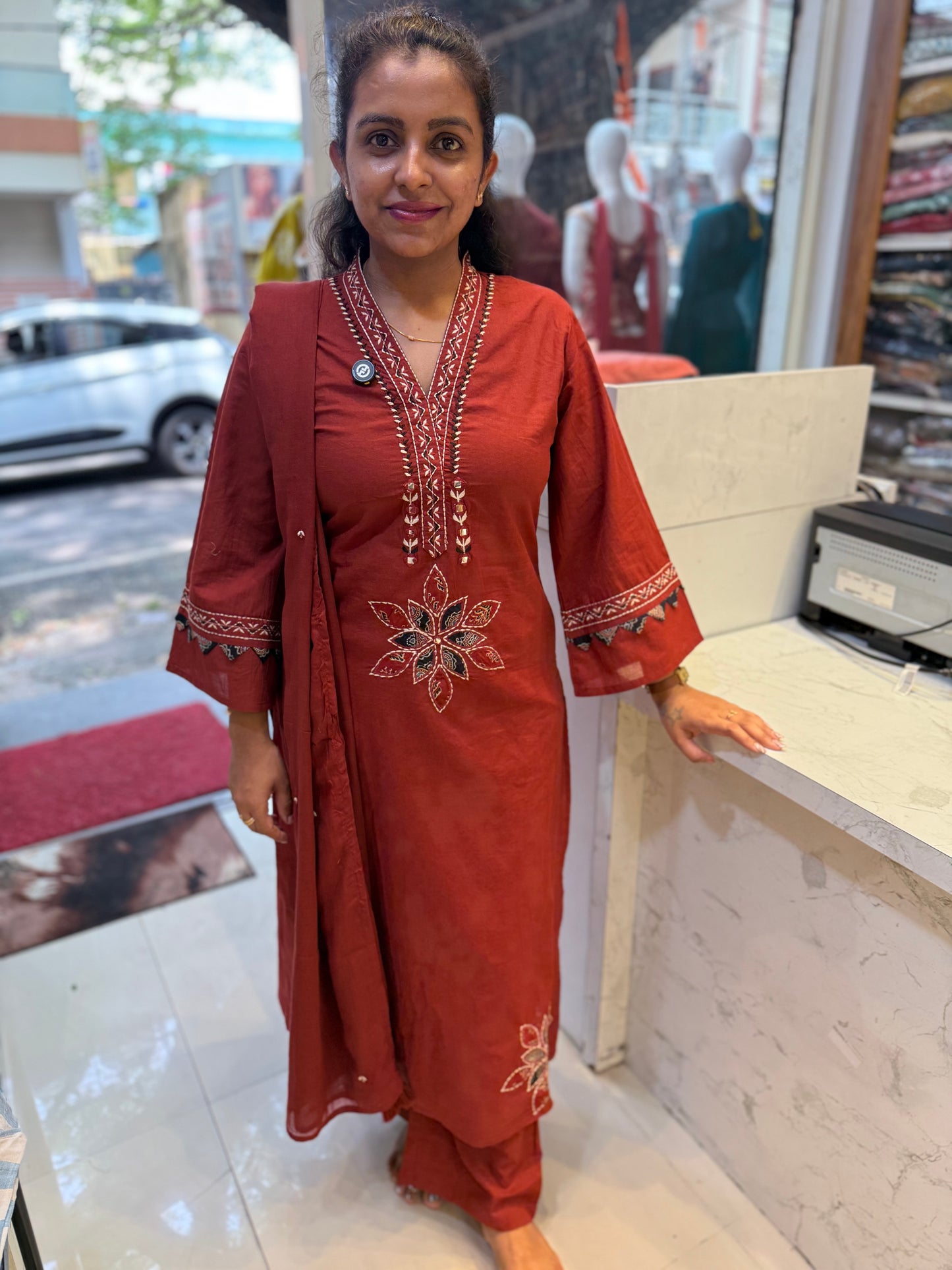 Brown Applique Work Pure Cotton Kurti With Pant and Dupatta-HSC130
