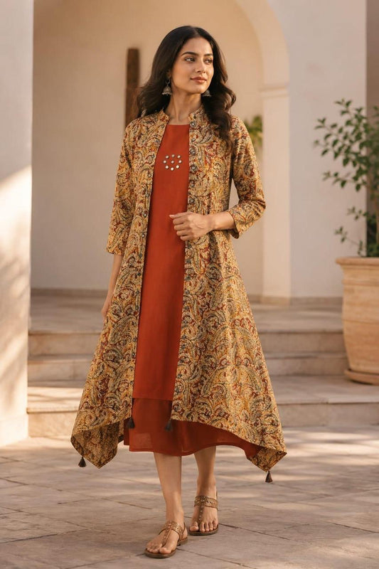 Kalamkari Rust Printed A-line Dress -HSC1265