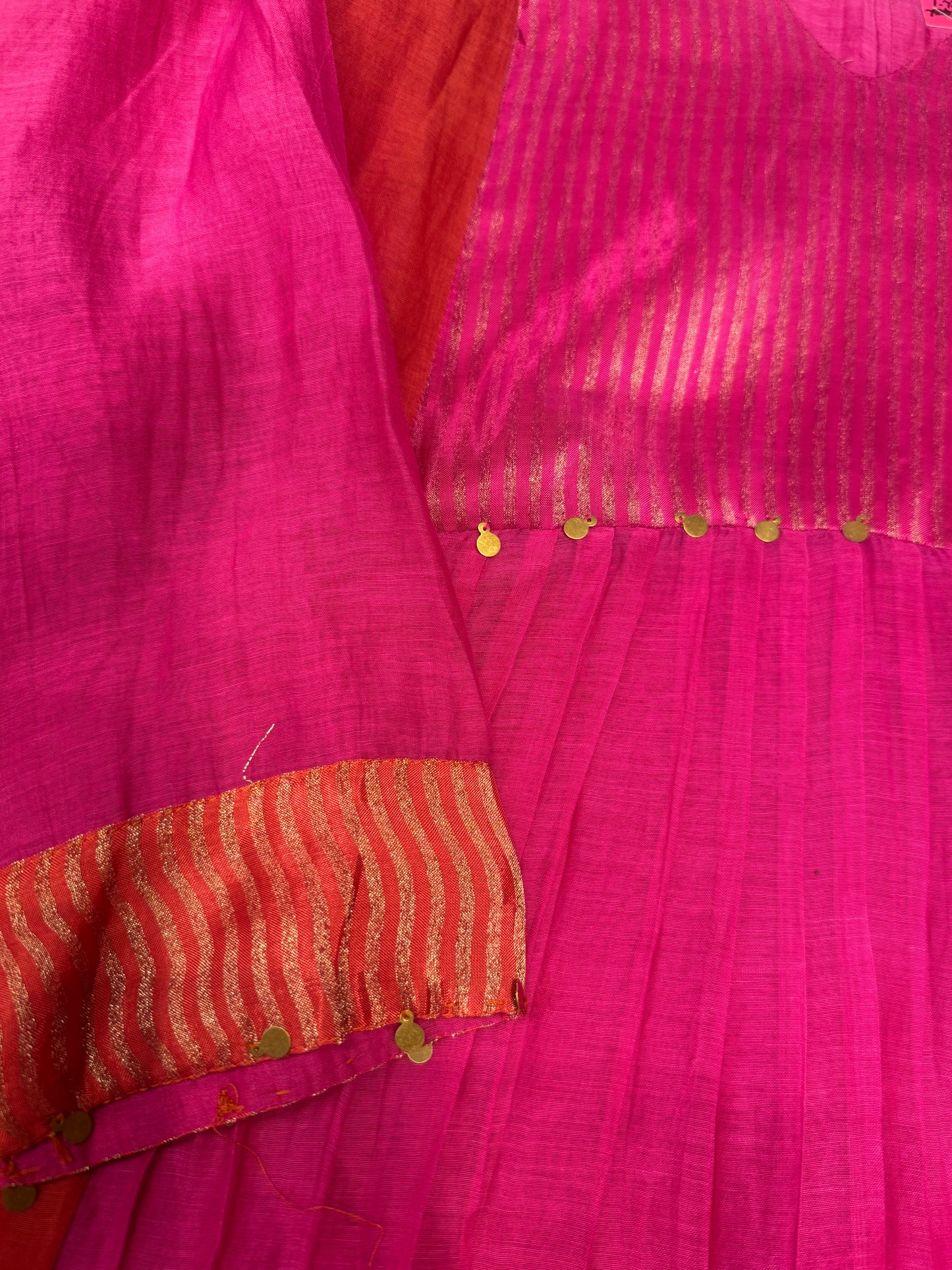 Pink With Orange  Pure Banarasi Mul Chanderi Kurti With Pant and Dupatta
