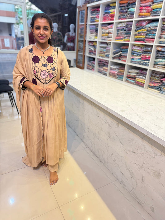 Mul Chanderi A-line Kurti With Pant and Dupatta