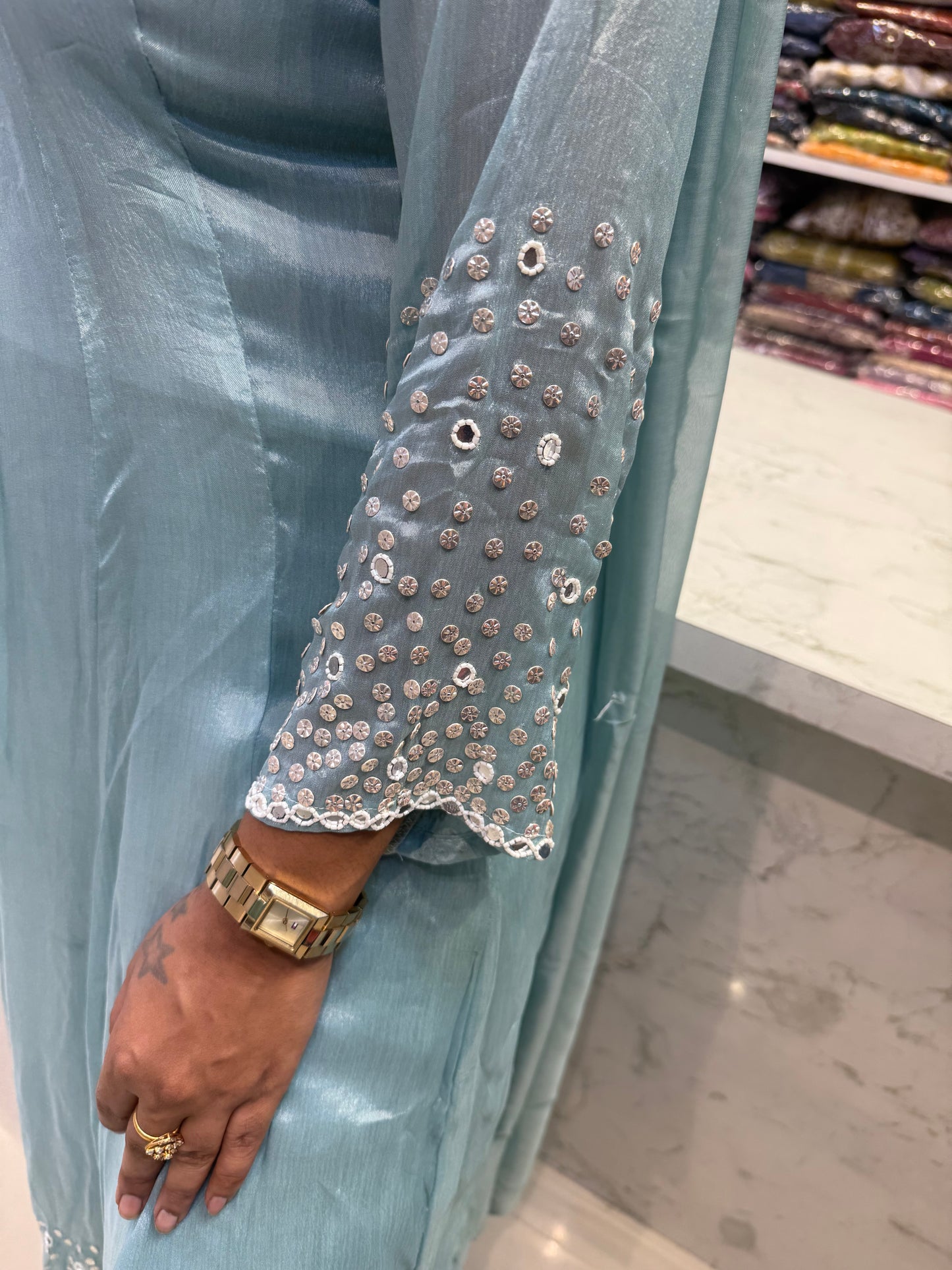 Ice Blue Pure Chinnon Anarkali with Pant and Dupatta-HSC134