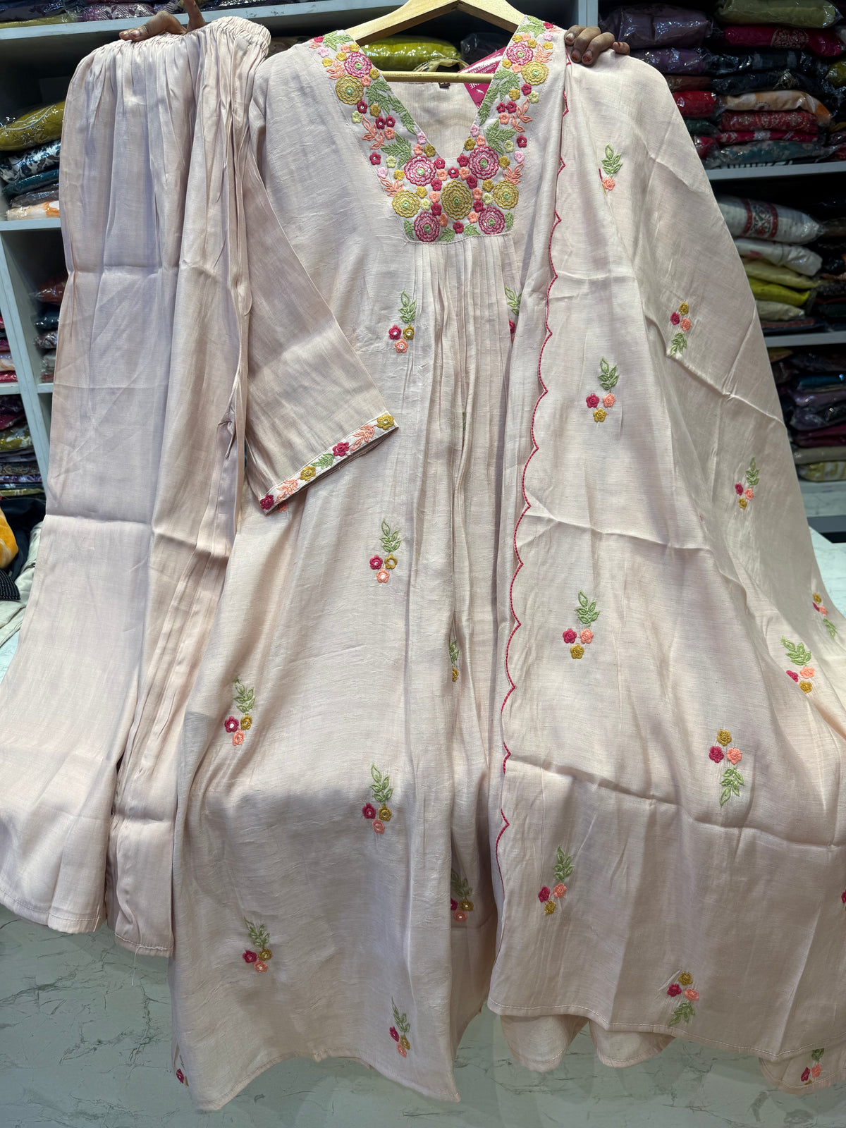 Scallop cut work Embroidery Kurti With Pant and Dupatta -HSC1204