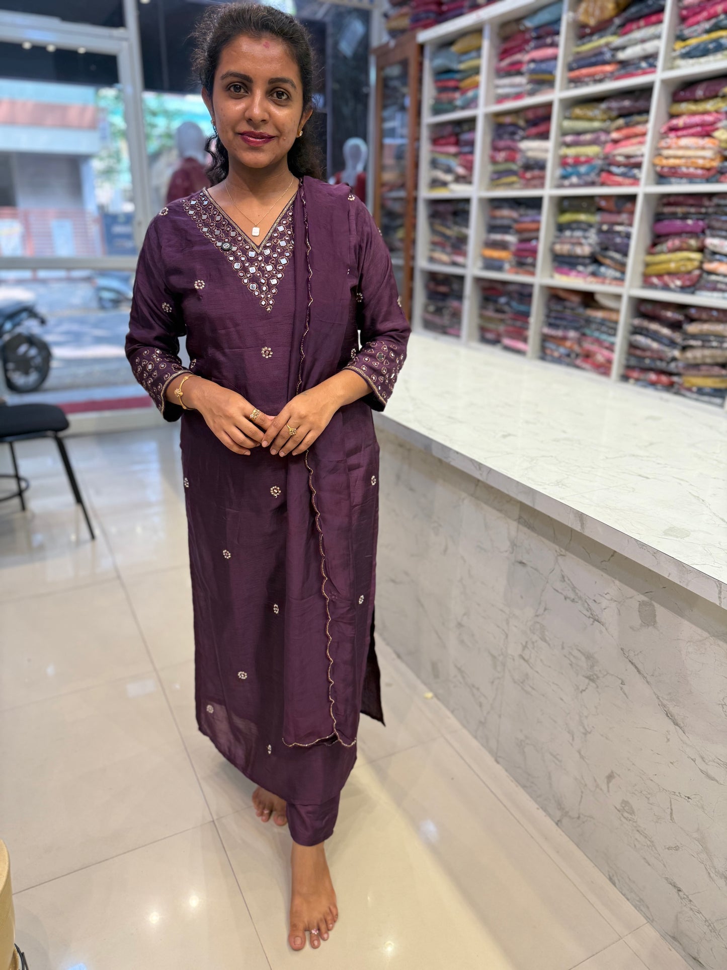 Wine Mirror Hand Work Party Wear Kurti with scallop dupatta